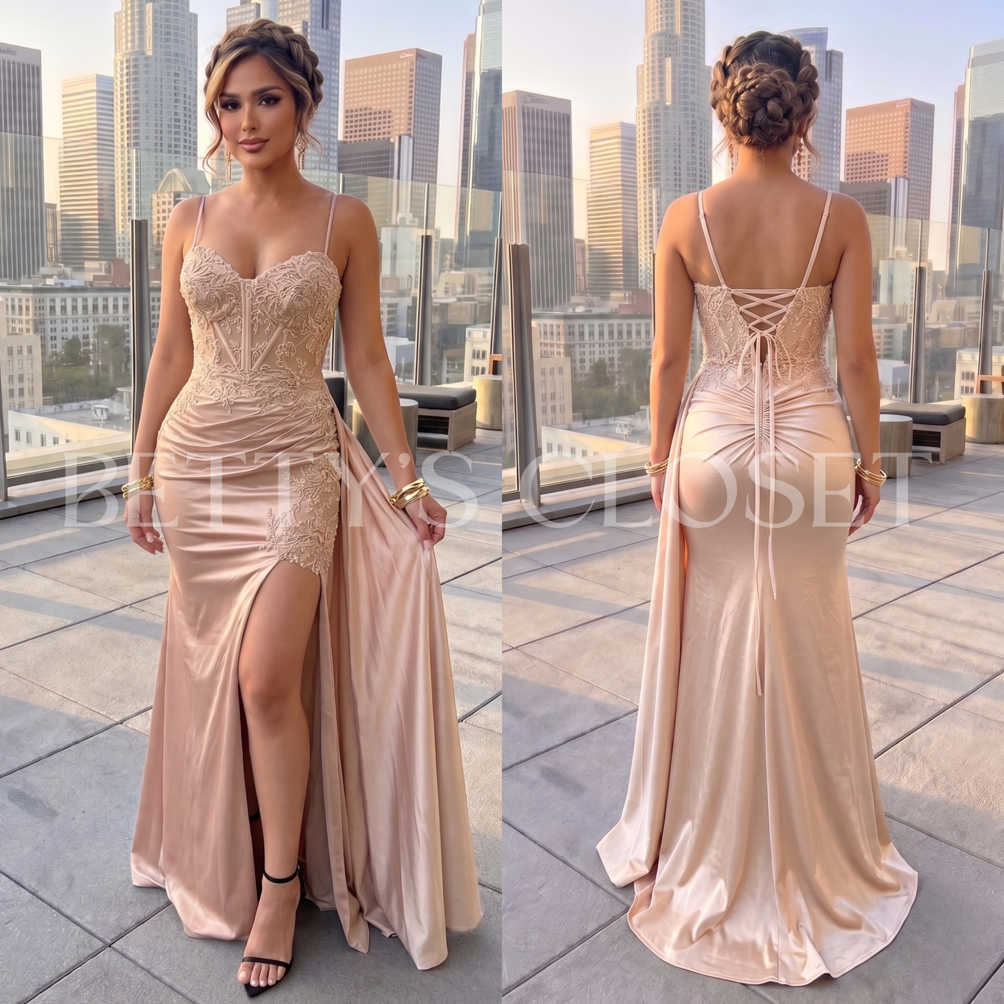 Darlene Embroidered Gown w/ Side Gathering
