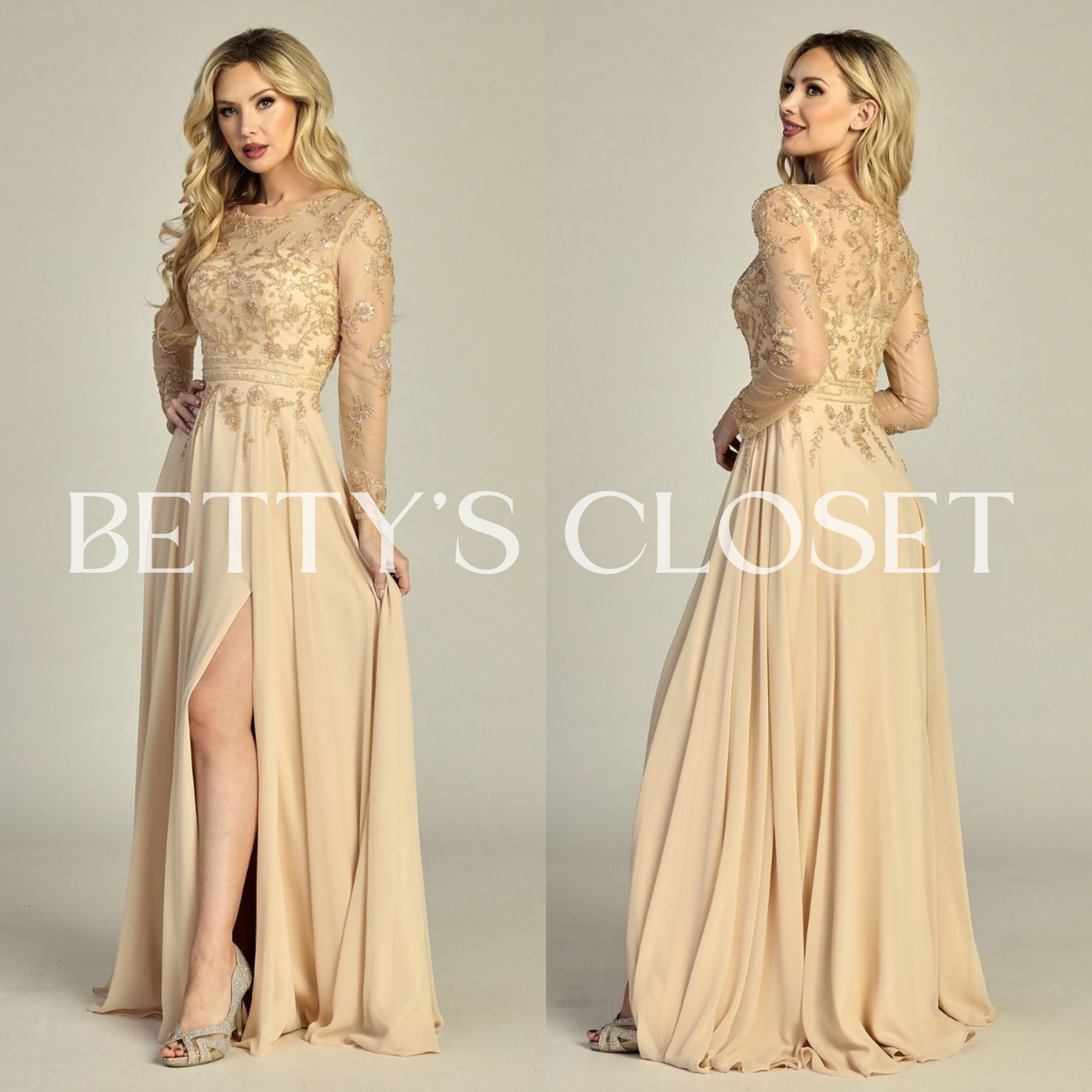 Rebecaa Princess A Line Long Sleeve Embroidered Prom Gown