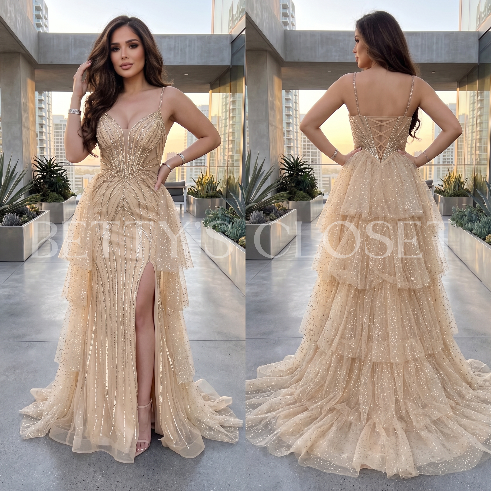 Celeste Embellished Long Gown W/ Removable Cape