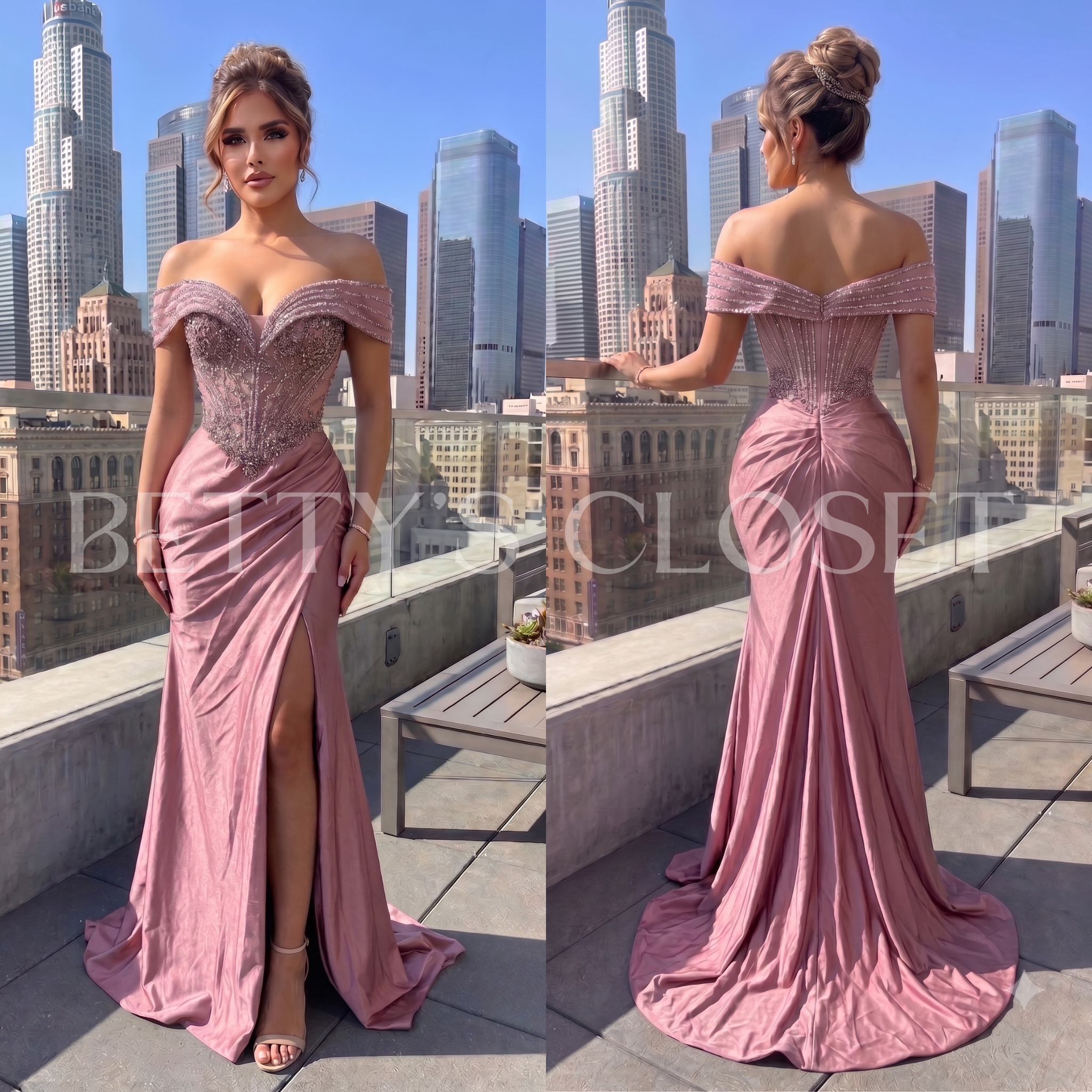 Renata Off Shoulder Embellished Satin Gown W/ Zipper Back