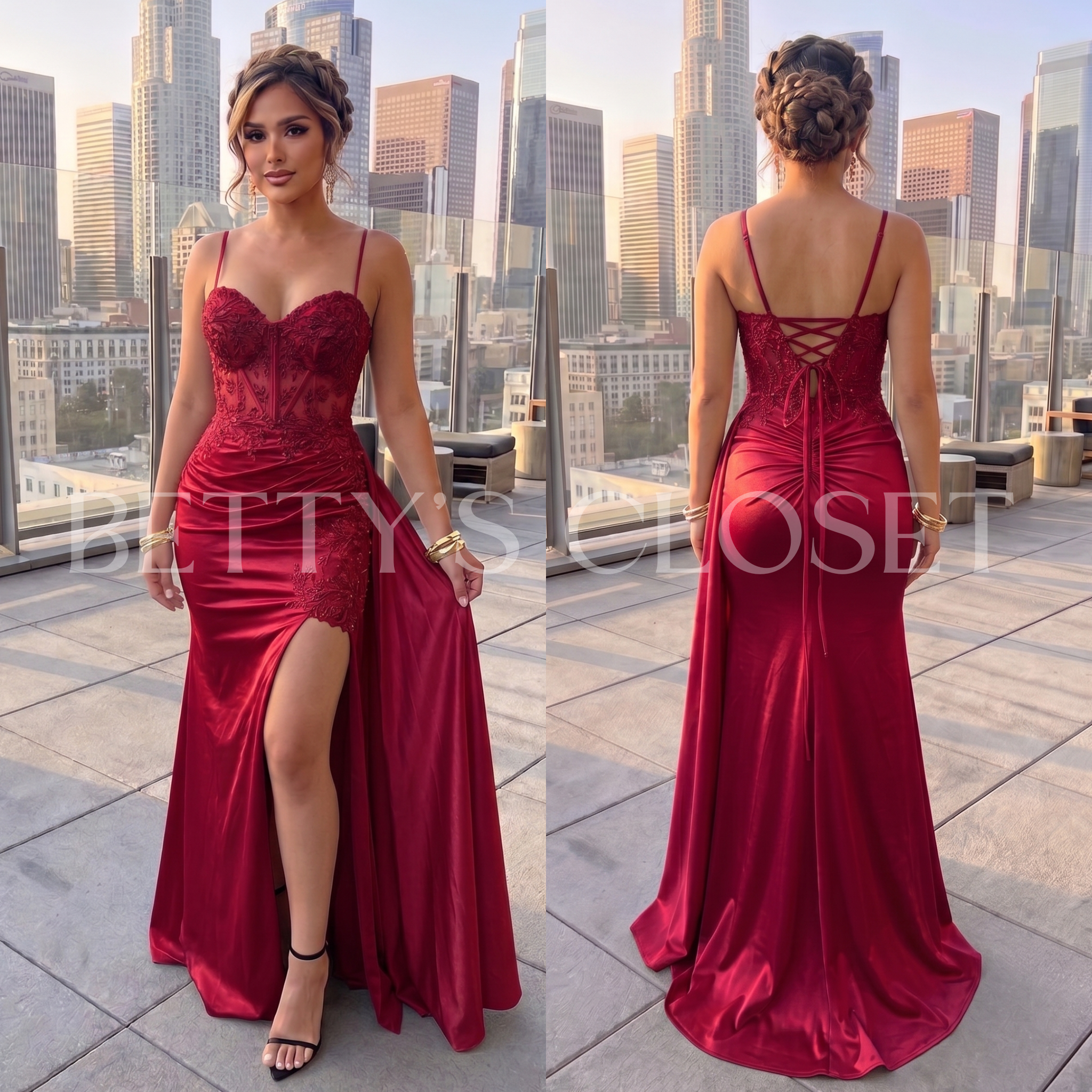 Darlene Embroidered Gown w/ Side Gathering