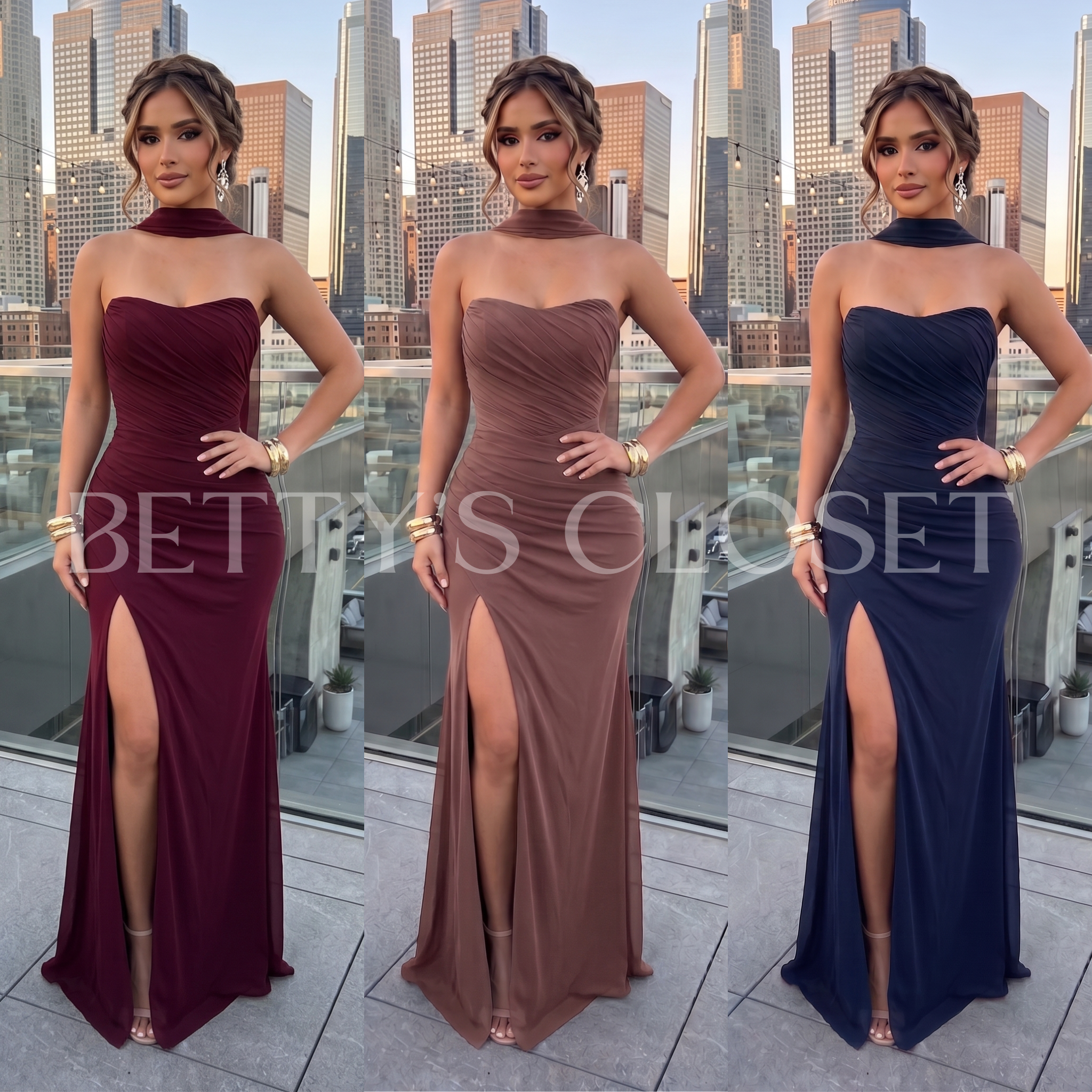 Emily Strapless Ruched Gown w/ Scarf