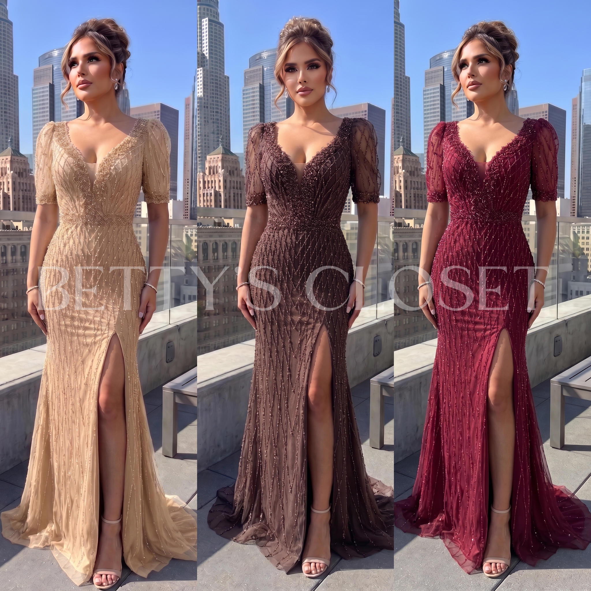 Lola Short Puff Sleeved Beaded Gown W/ Back Zipper