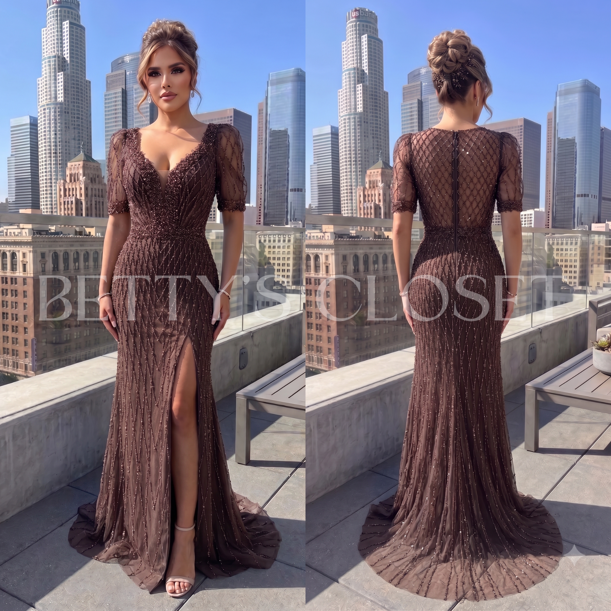 Lola Short Puff Sleeved Beaded Gown W/ Back Zipper