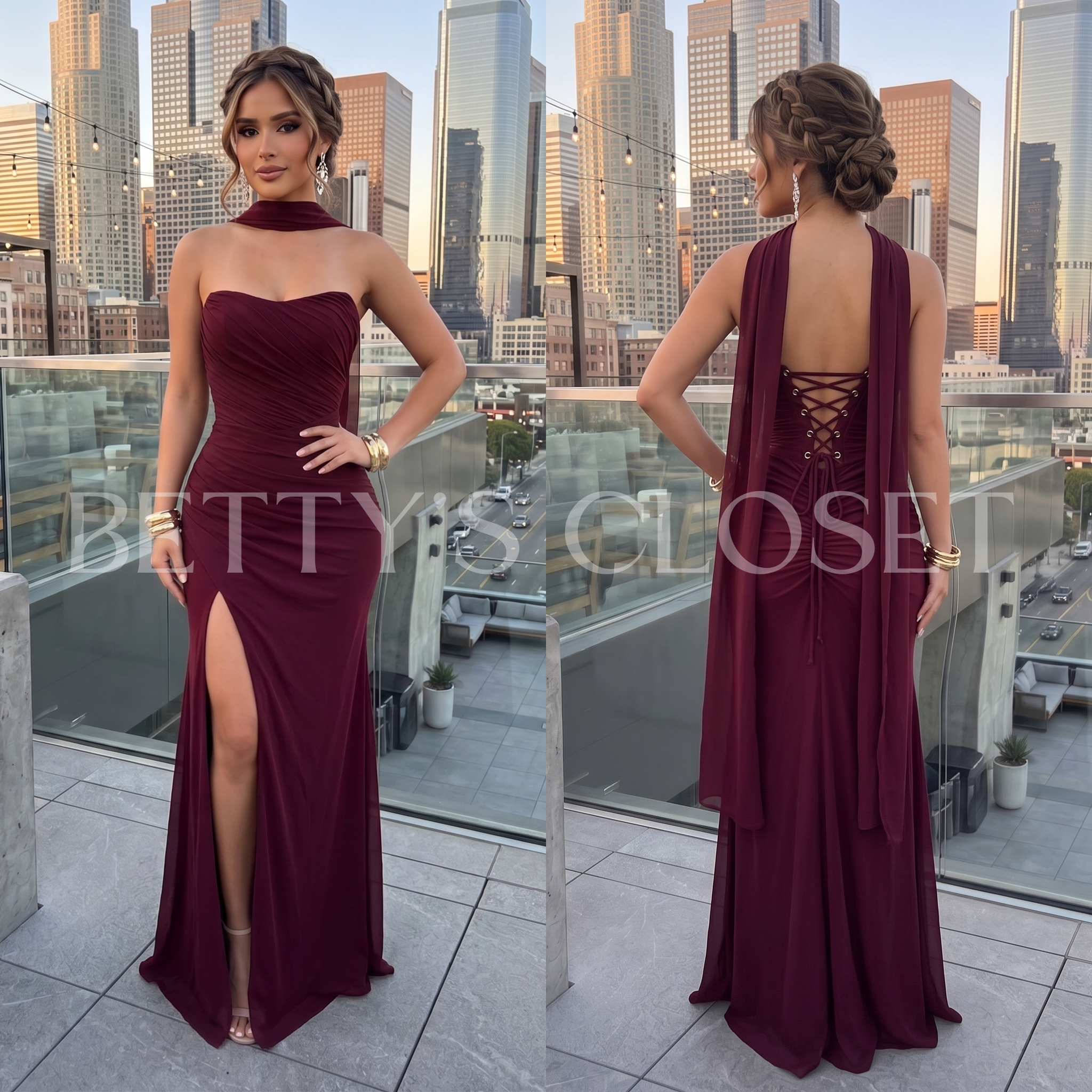 Emily Strapless Ruched Gown w/ Scarf