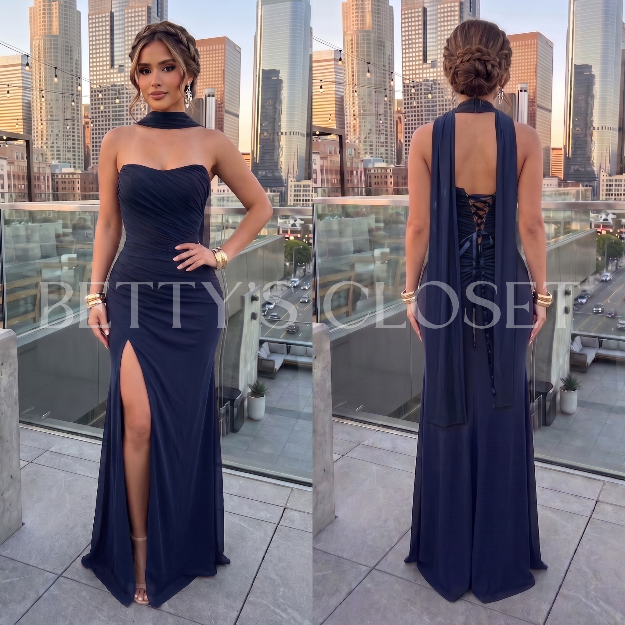 Emily Strapless Ruched Gown w/ Scarf