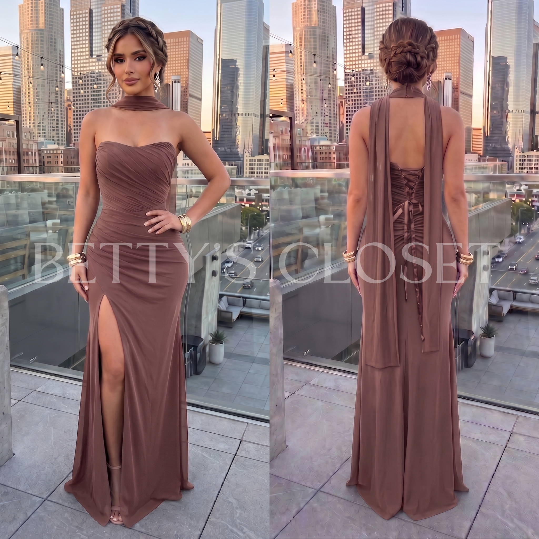 Emily Strapless Ruched Gown w/ Scarf