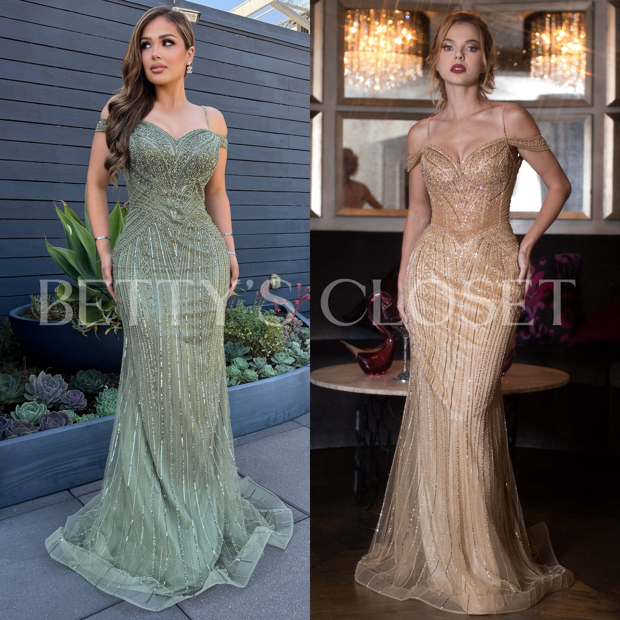 Mireya Off Beaded Mesh Sweetheart Long Gown