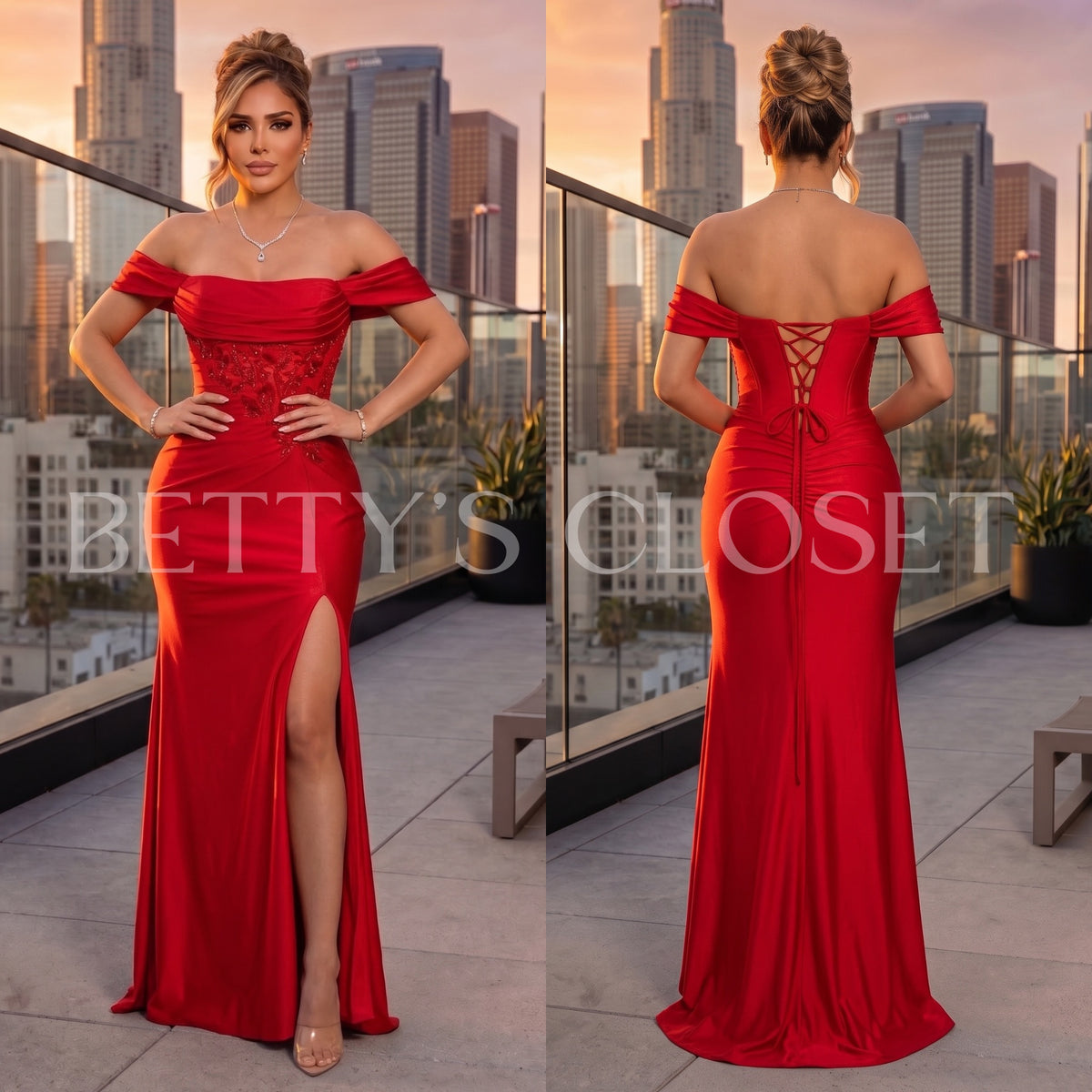 Lucia Off Shoulder Embroidered Gown w/ Butt Scrunch & Lace Up Back