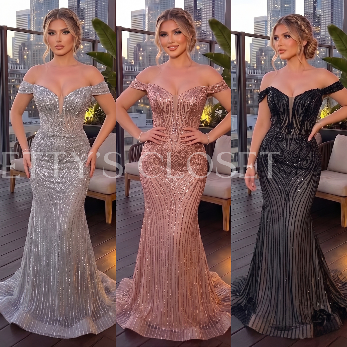 Brianna Off Shoulder Glitter Beaded Embellished Gown W/ Lace up Back