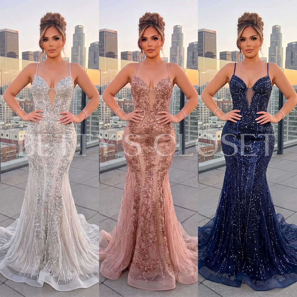 Valeria Spaghetti Strap Beaded Plunge Prom Gown