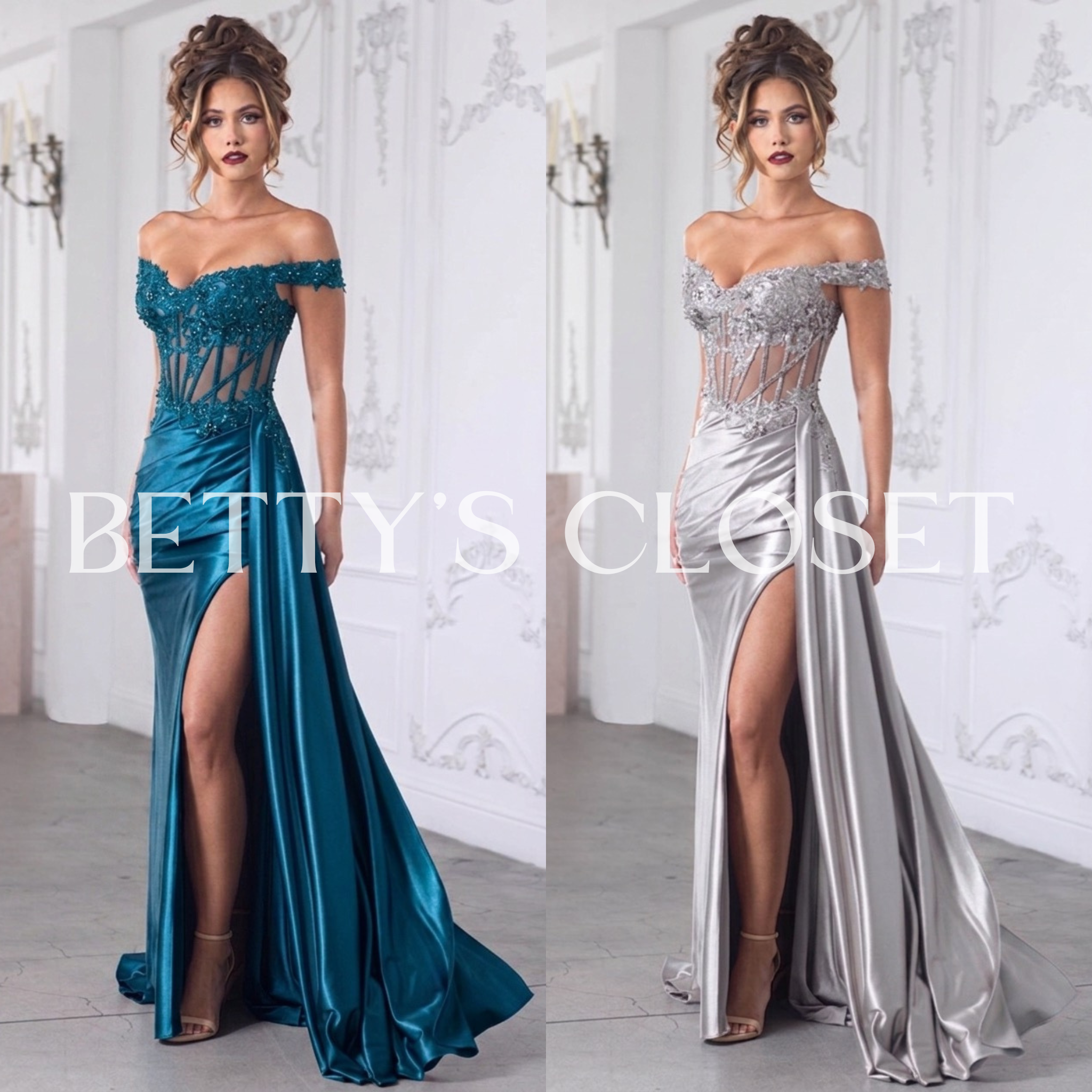 Daniela Off Shoulder Side Gathering Embroidered Prom Gown w/ Lace Up Back