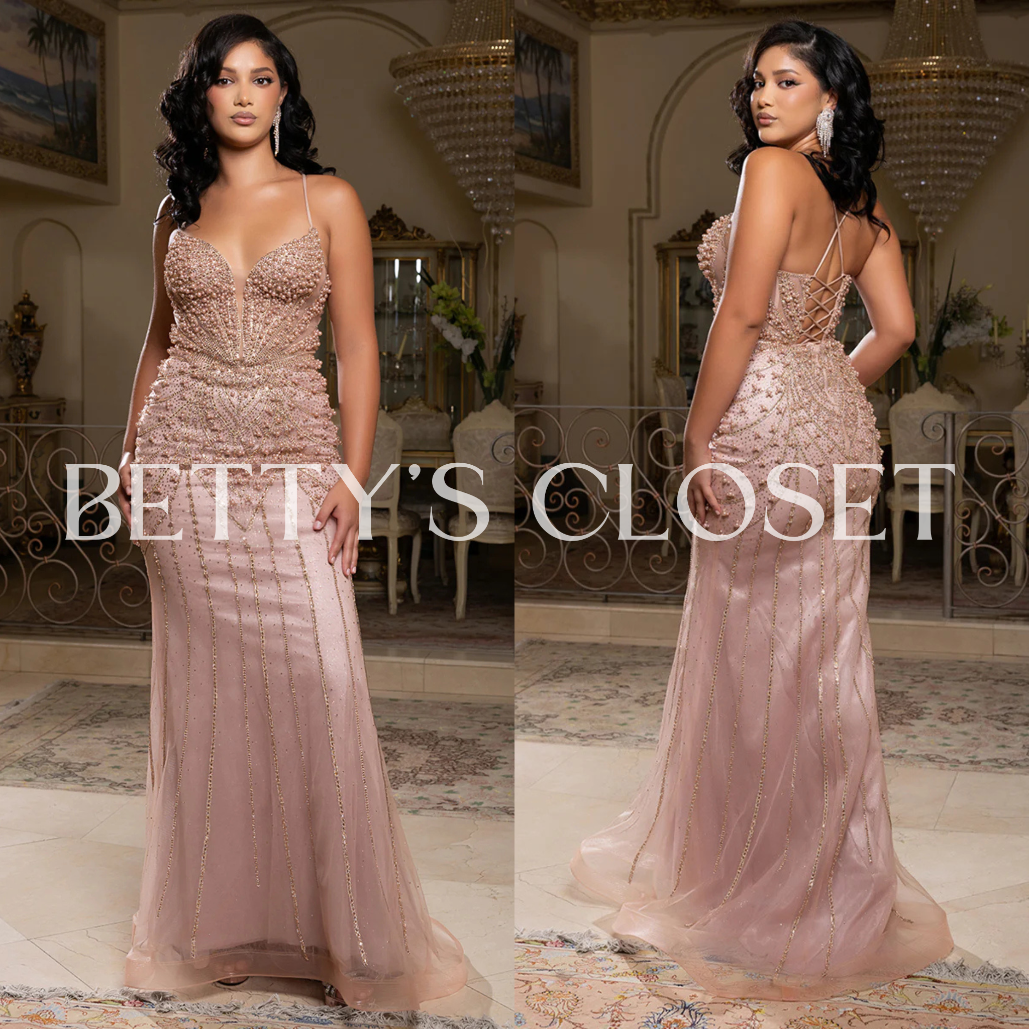 Claudia Pearl Pearl Beaded V-Neckline Evening Glam Gown