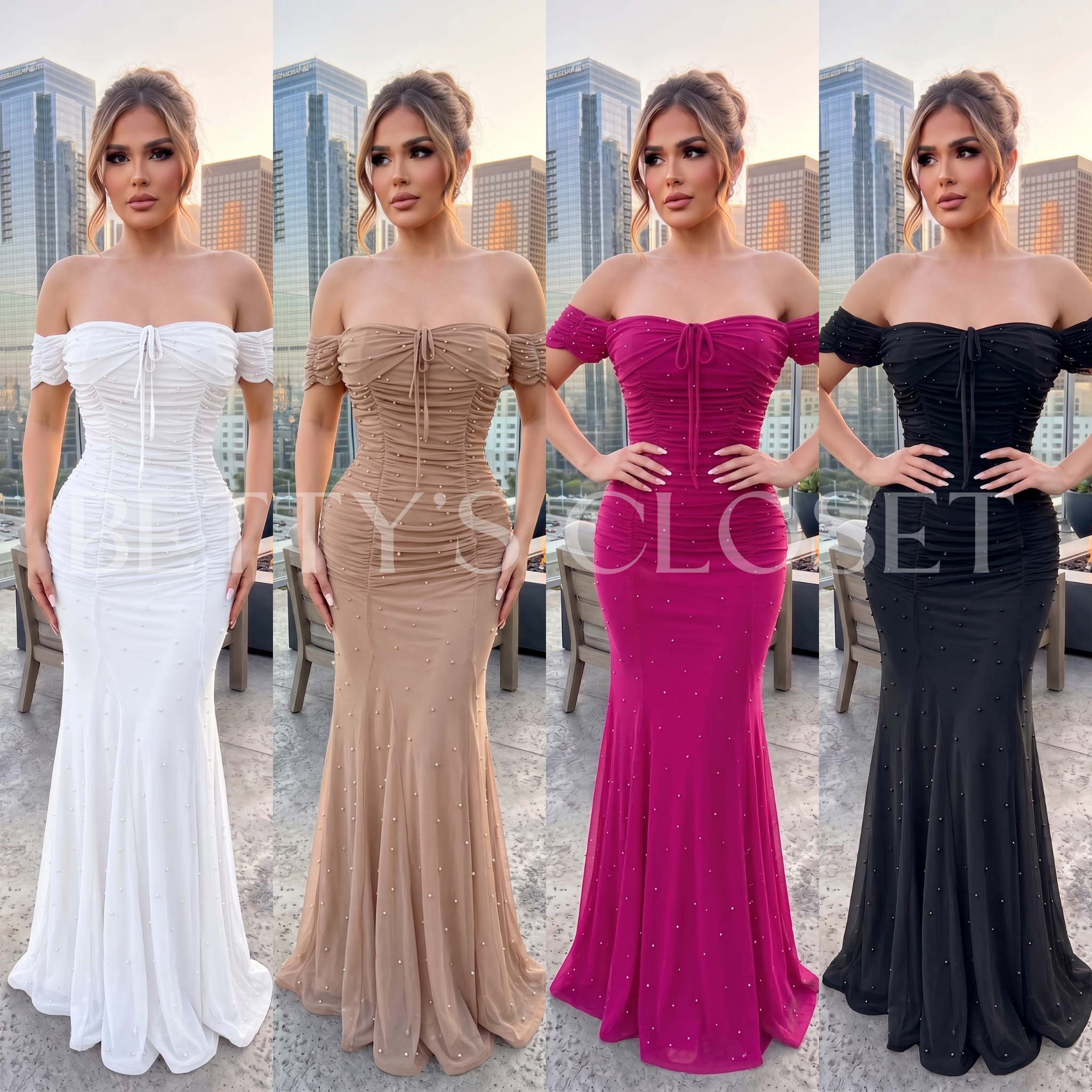 Desiree Off Shoulder Ruched Pearl Mesh Gown