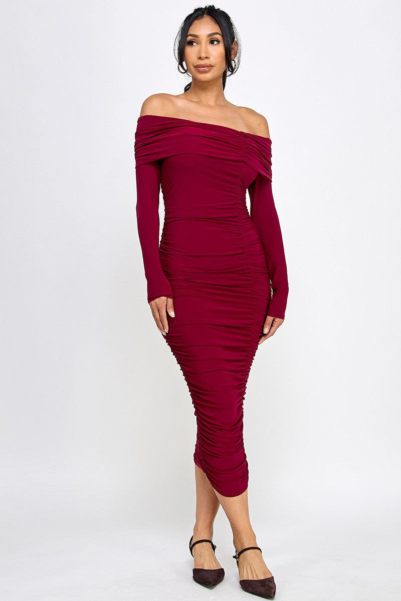 Jasmine Fold Off Shoulder Ruched Midi Dress