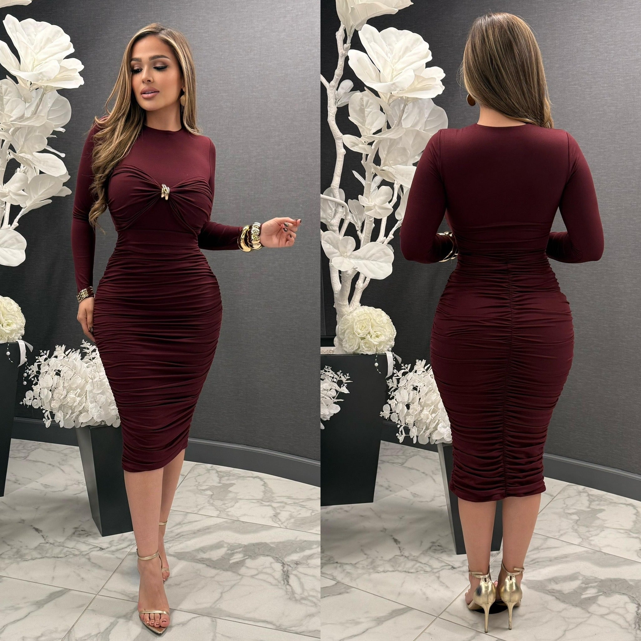 Santana Midi Long Sleeve Dress W/ Ruching & Gold Detailing