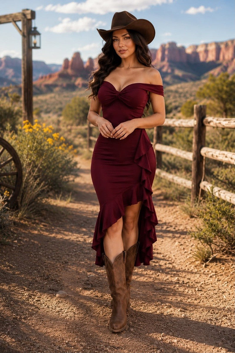 Yacky Off Shoulder Front Twist Midi Dress