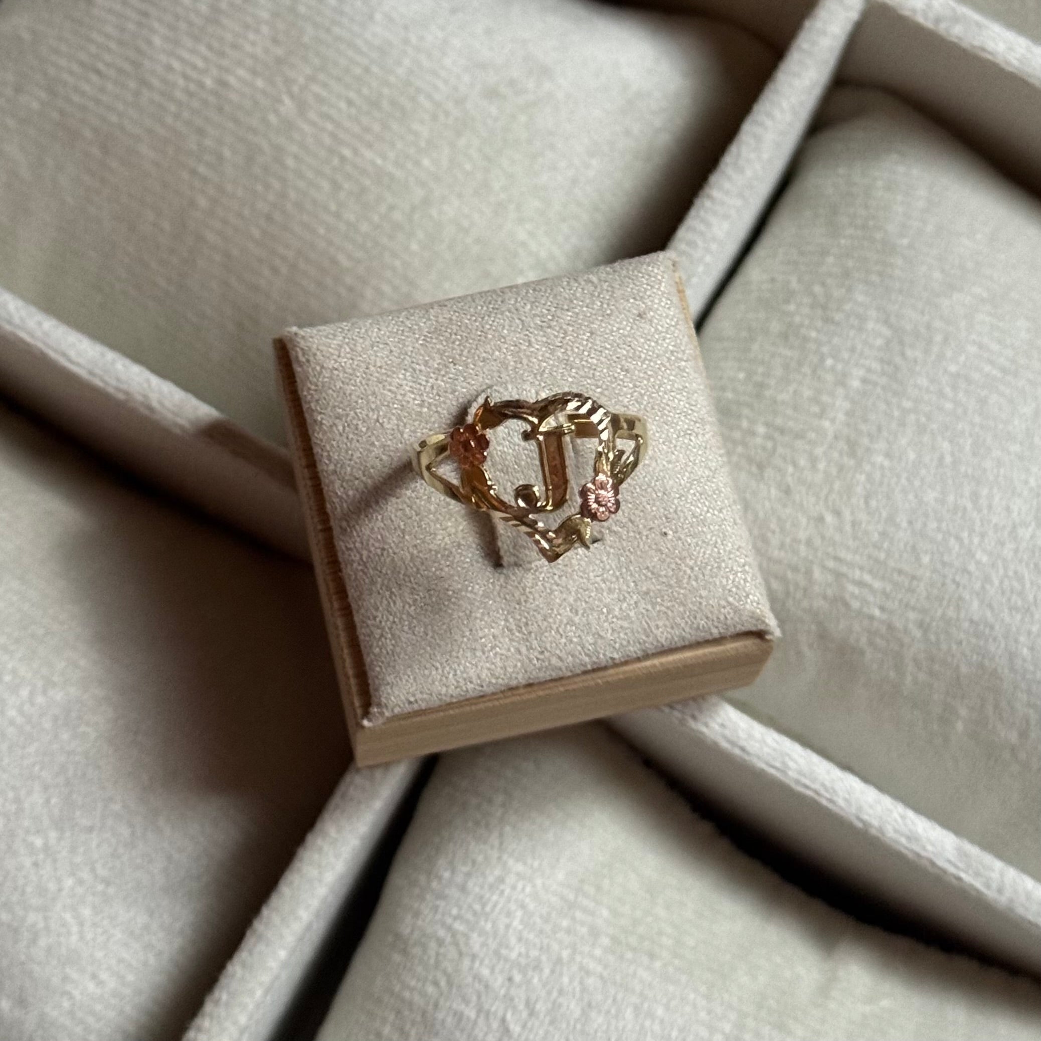 14k Gold Flower Heart Initial Ring