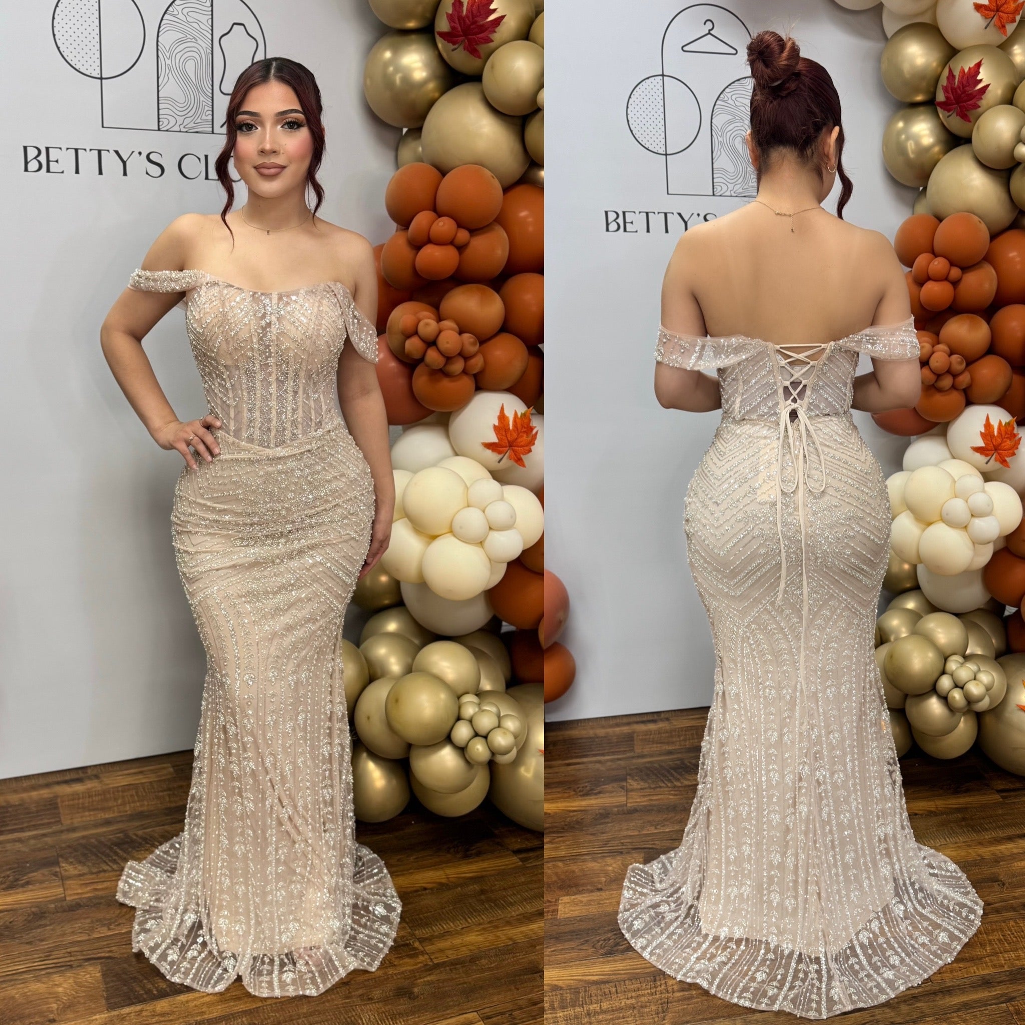 Tyra Off Shoulder Embellished Pearl Gown
