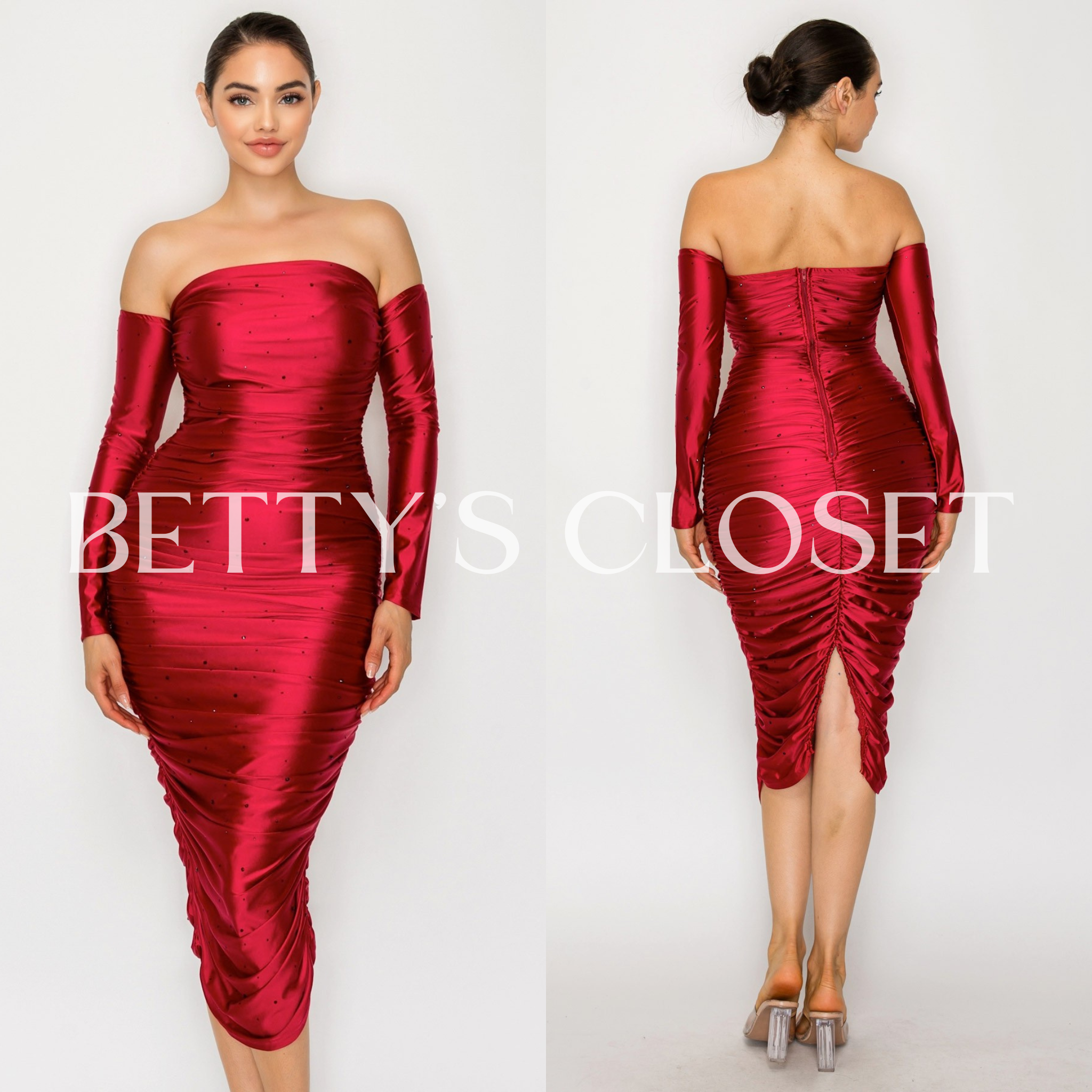 Sweetie Satin Off Shoulder Rhinestone Accents Midi Dress