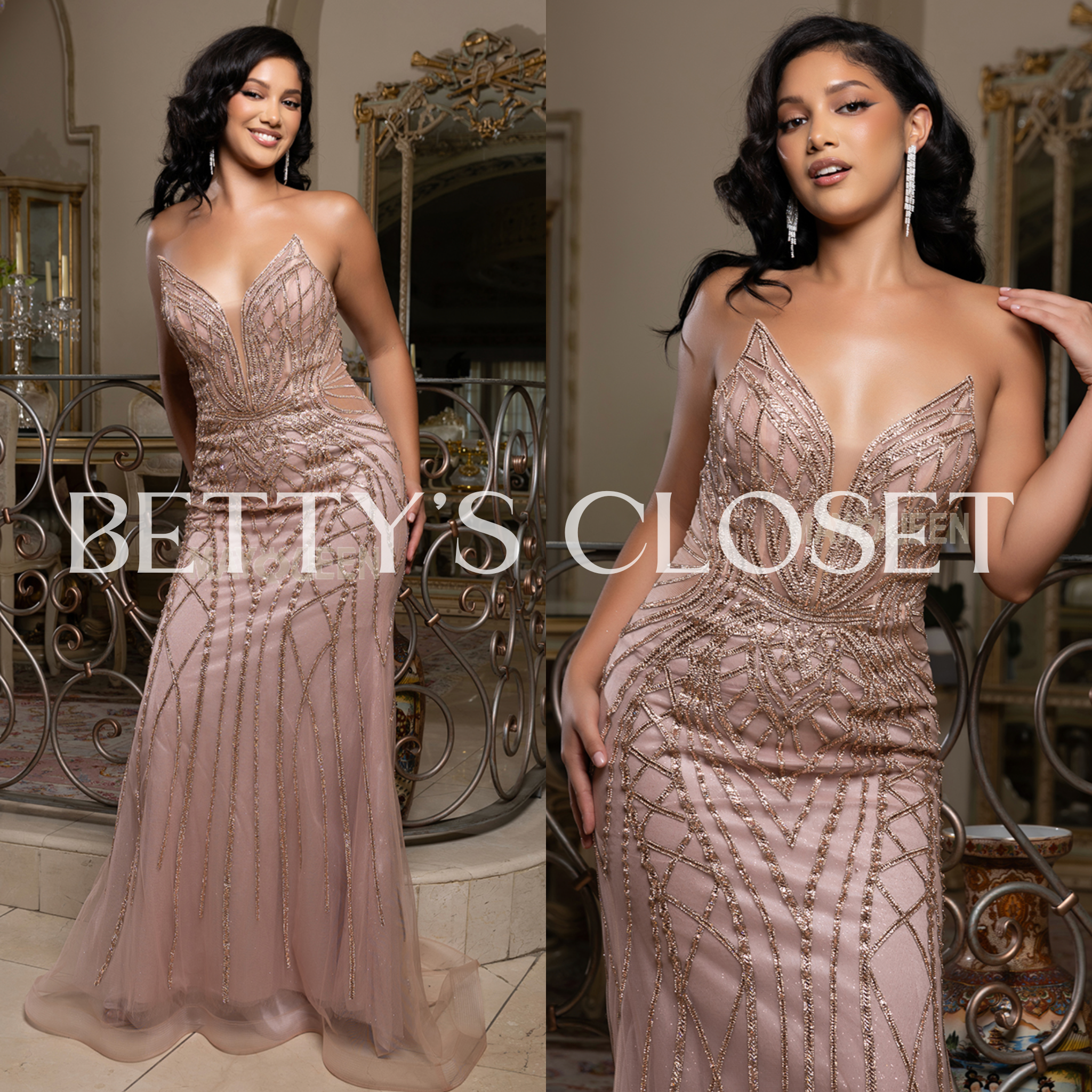 Monica Plunging V-Neck Embellished Strapless Evening Glam Gown