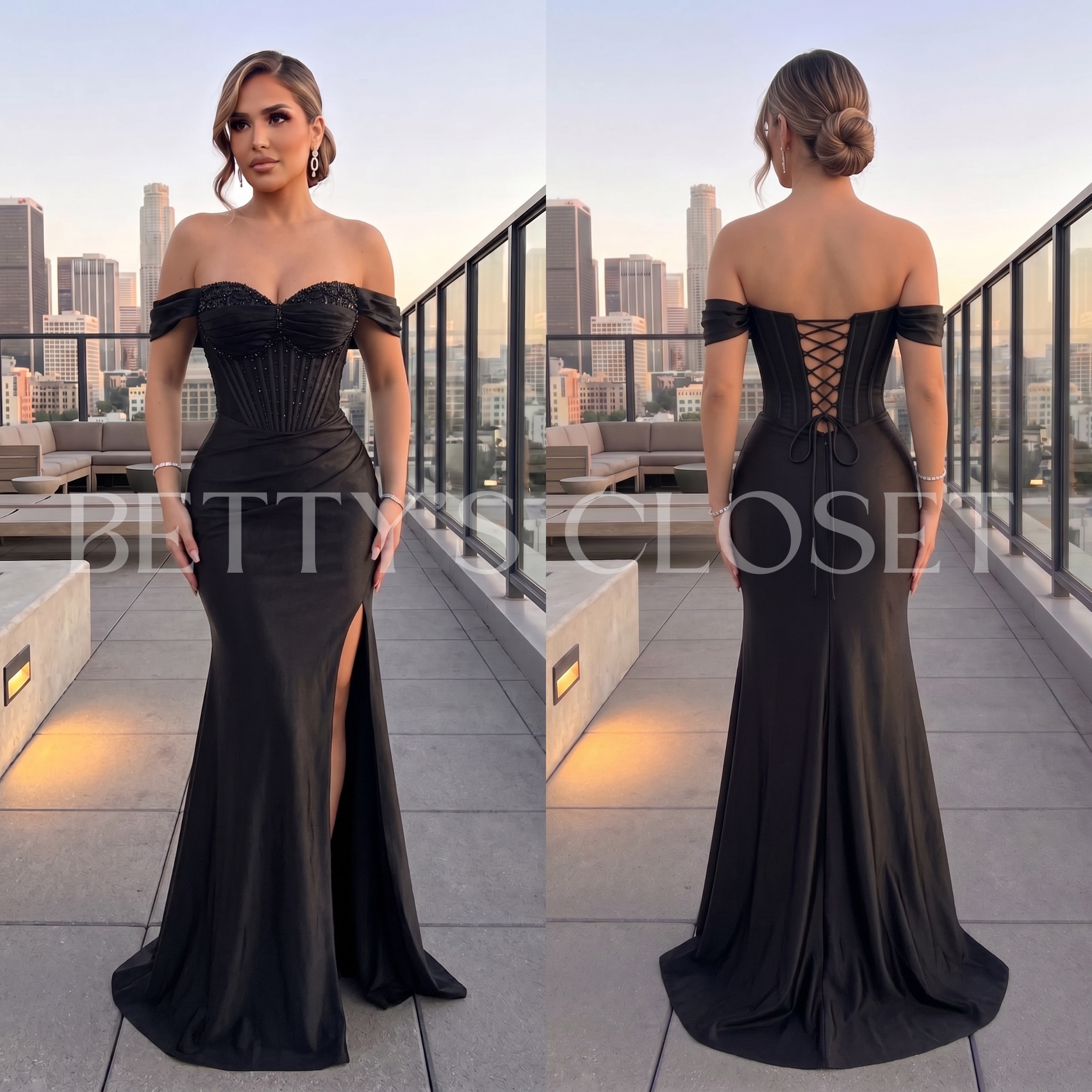 Aurora Flower Embellished Corset Satin Off Shoulder Gown
