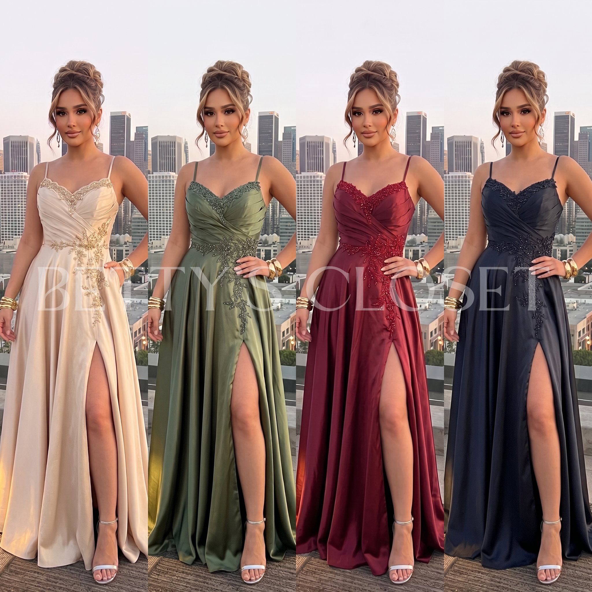 Jocelin A Line Embroidered Gown w/ Side Slit