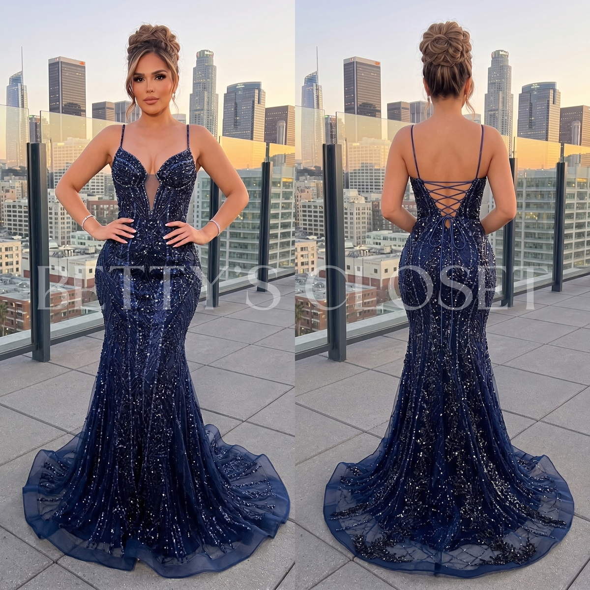 Valeria Spaghetti Strap Beaded Plunge Prom Gown