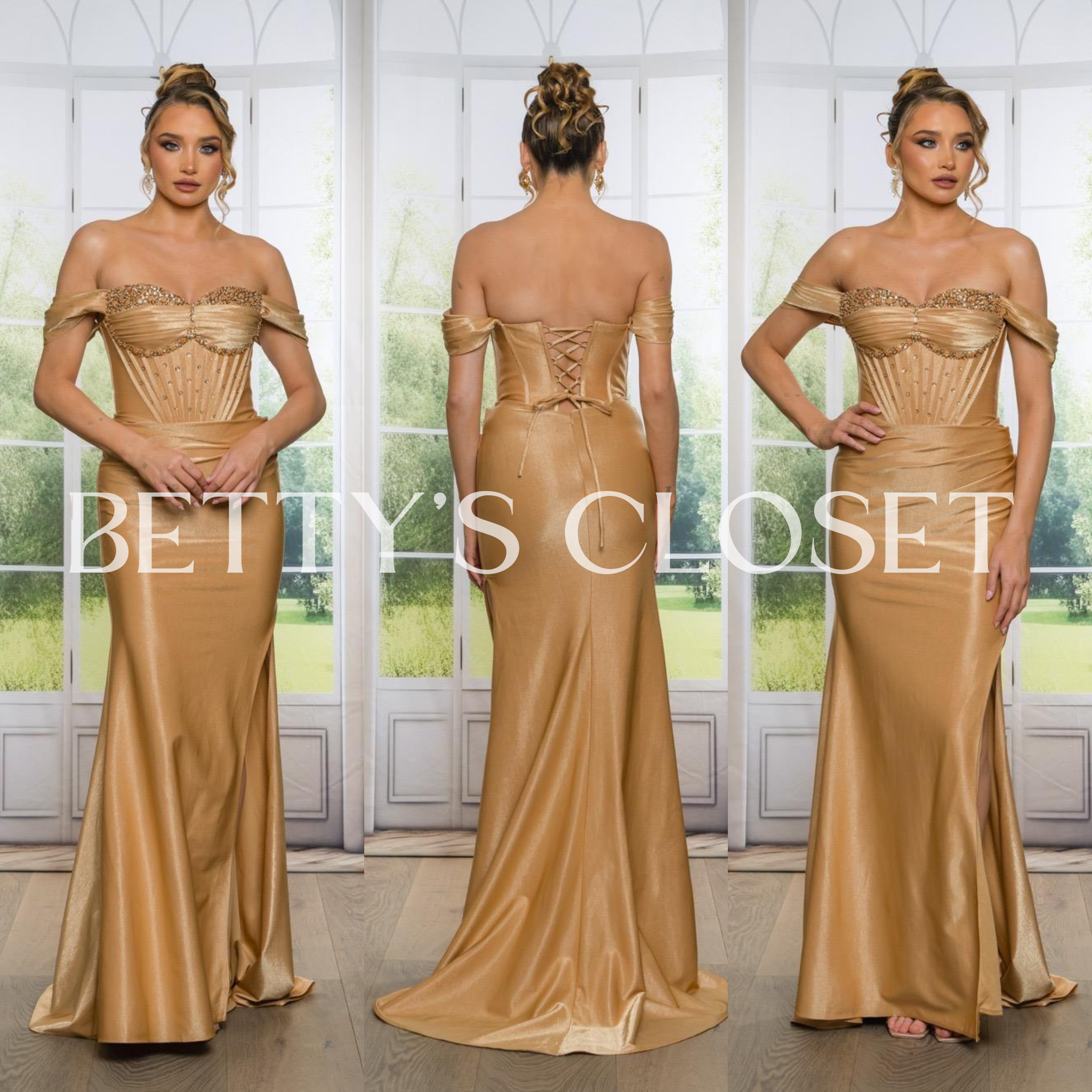 Aurora Flower Embellished Corset Satin Off Shoulder Gown