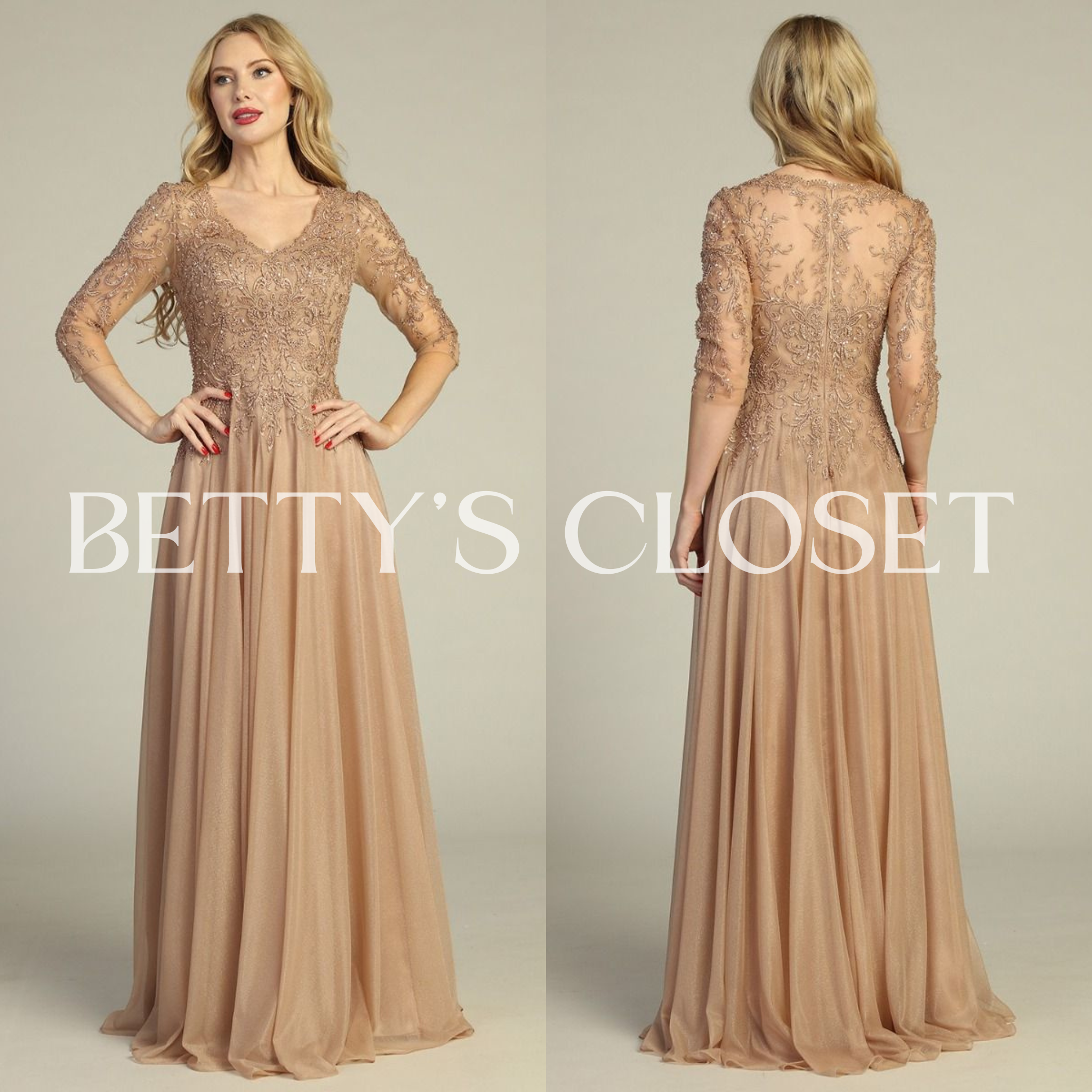 Amanda Embroidered Long Sleeve A-Line Prom Gown