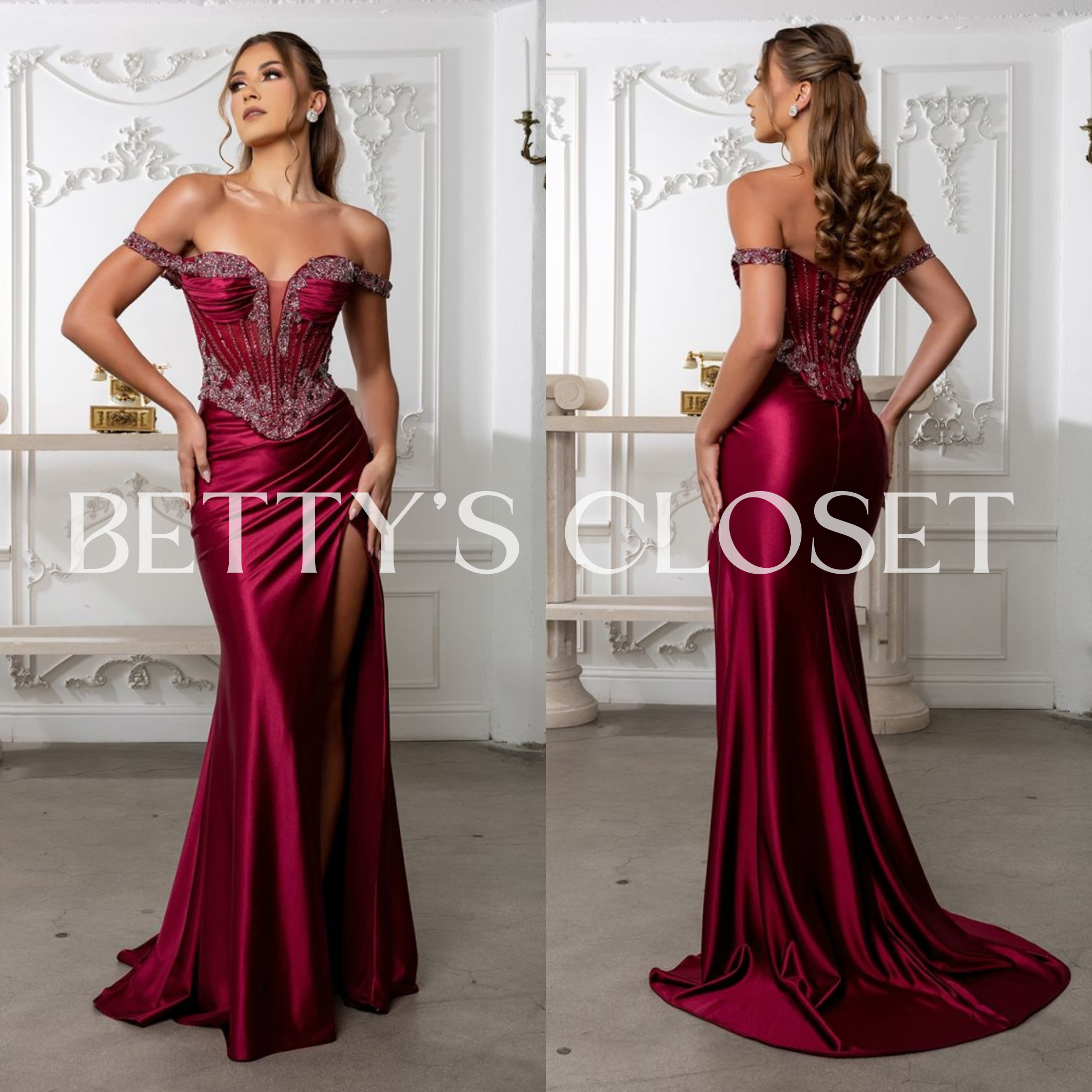 Tamara Off Shoulder Embellished Corset Lace Up Back Prom Gown