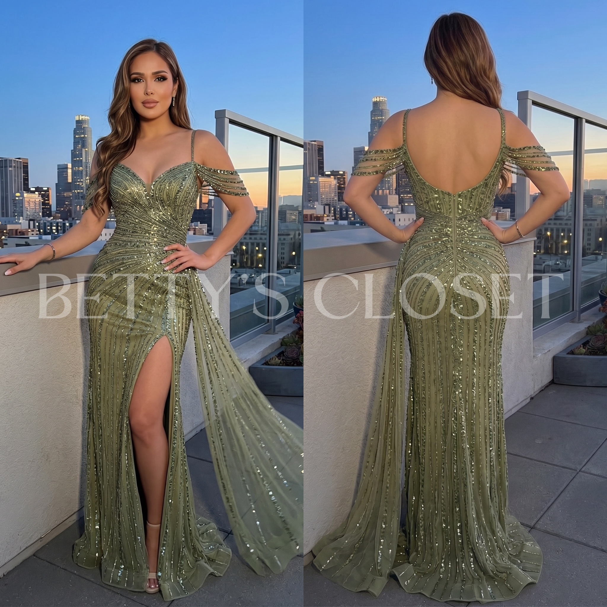 Yvonne Hand Beaded Cold Shoulder Gown w/ Detachable Train
