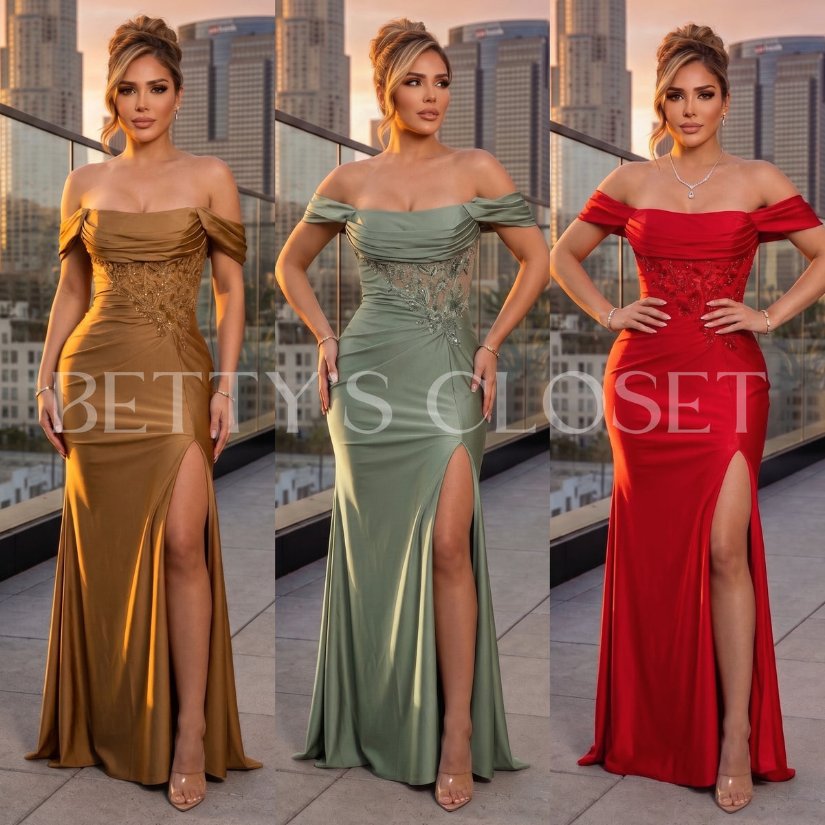 Lucia Off Shoulder Embroidered Gown w/ Butt Scrunch & Lace Up Back