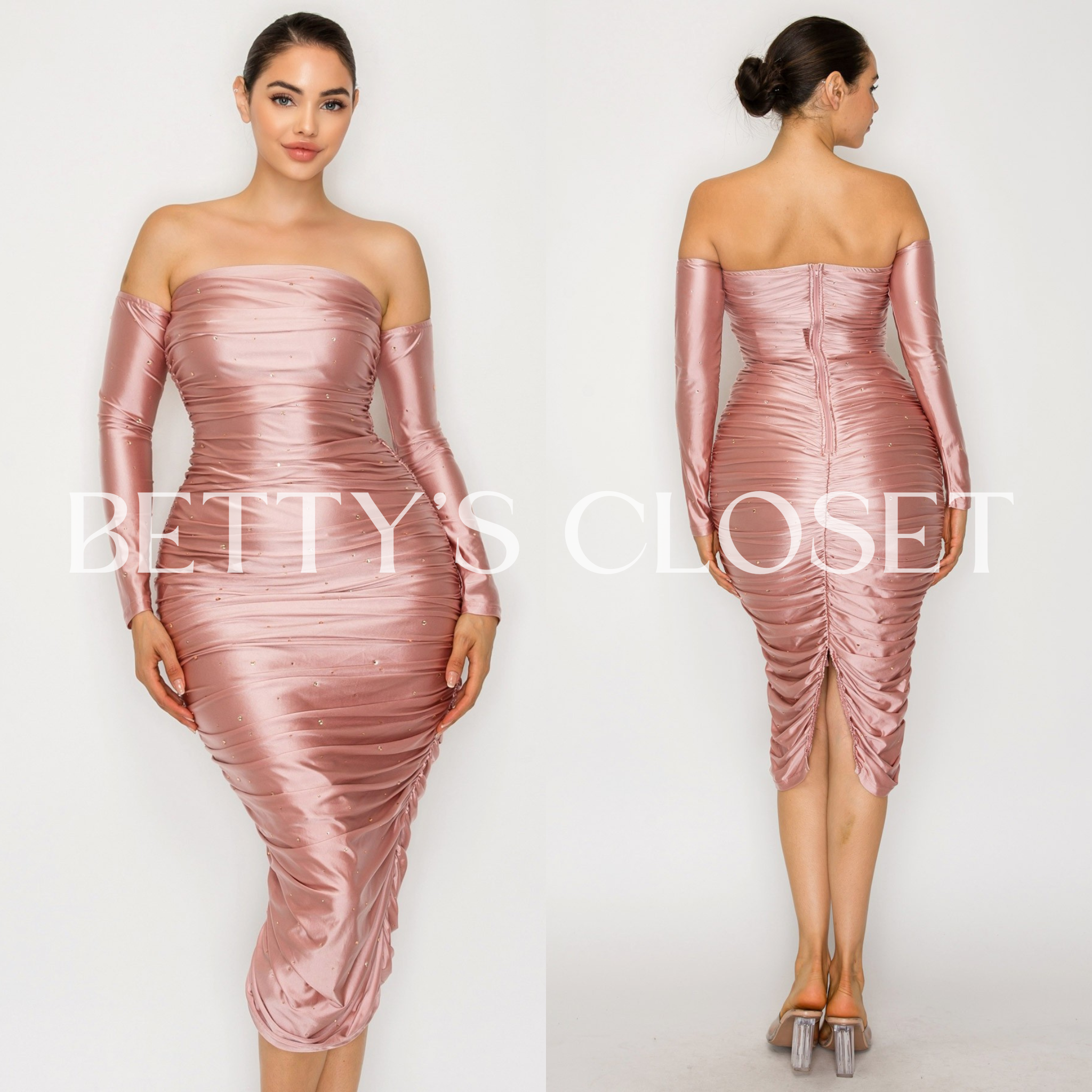 Sweetie Satin Off Shoulder Rhinestone Accents Midi Dress