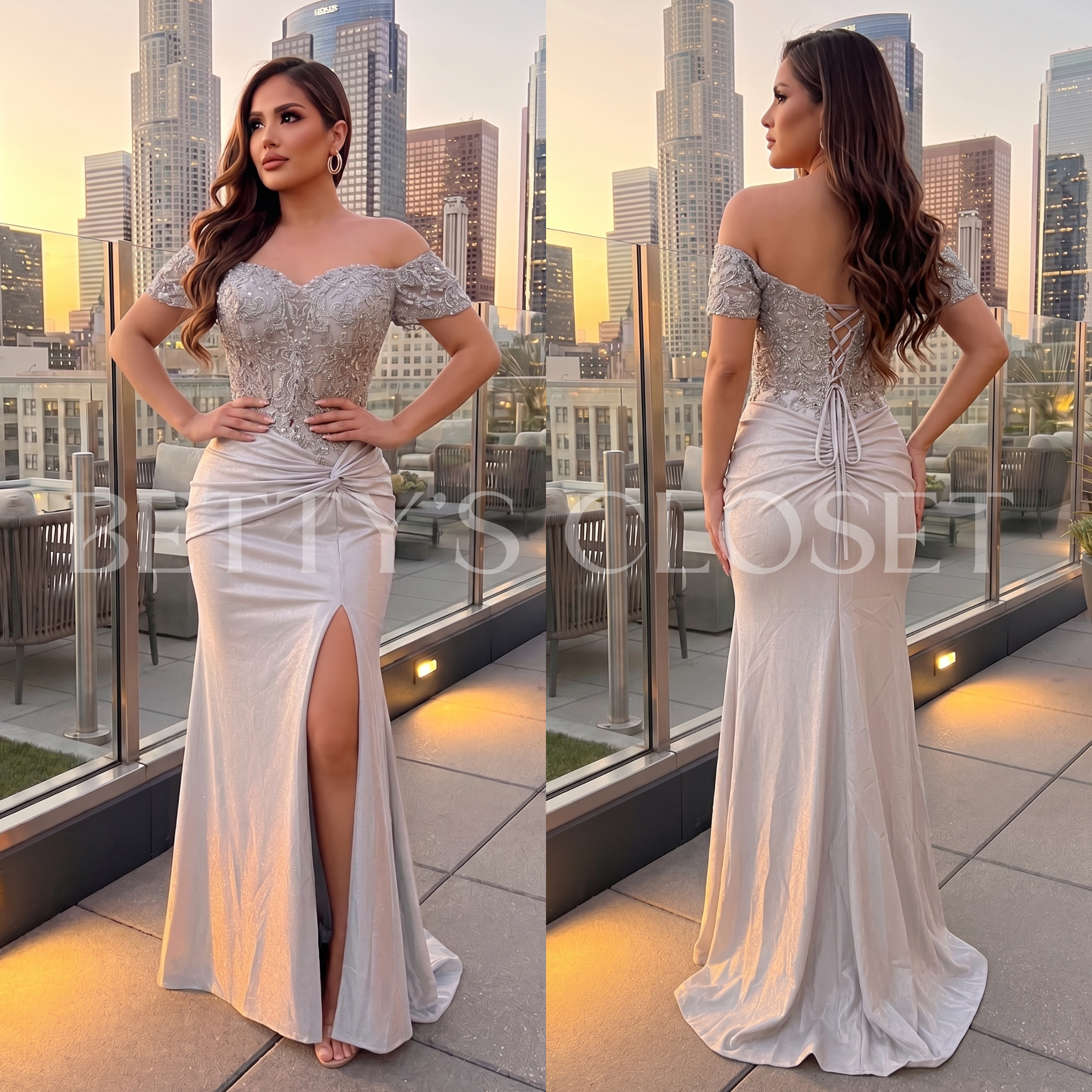 Paloma Off Shoulder Embroidered Side Knot Gown