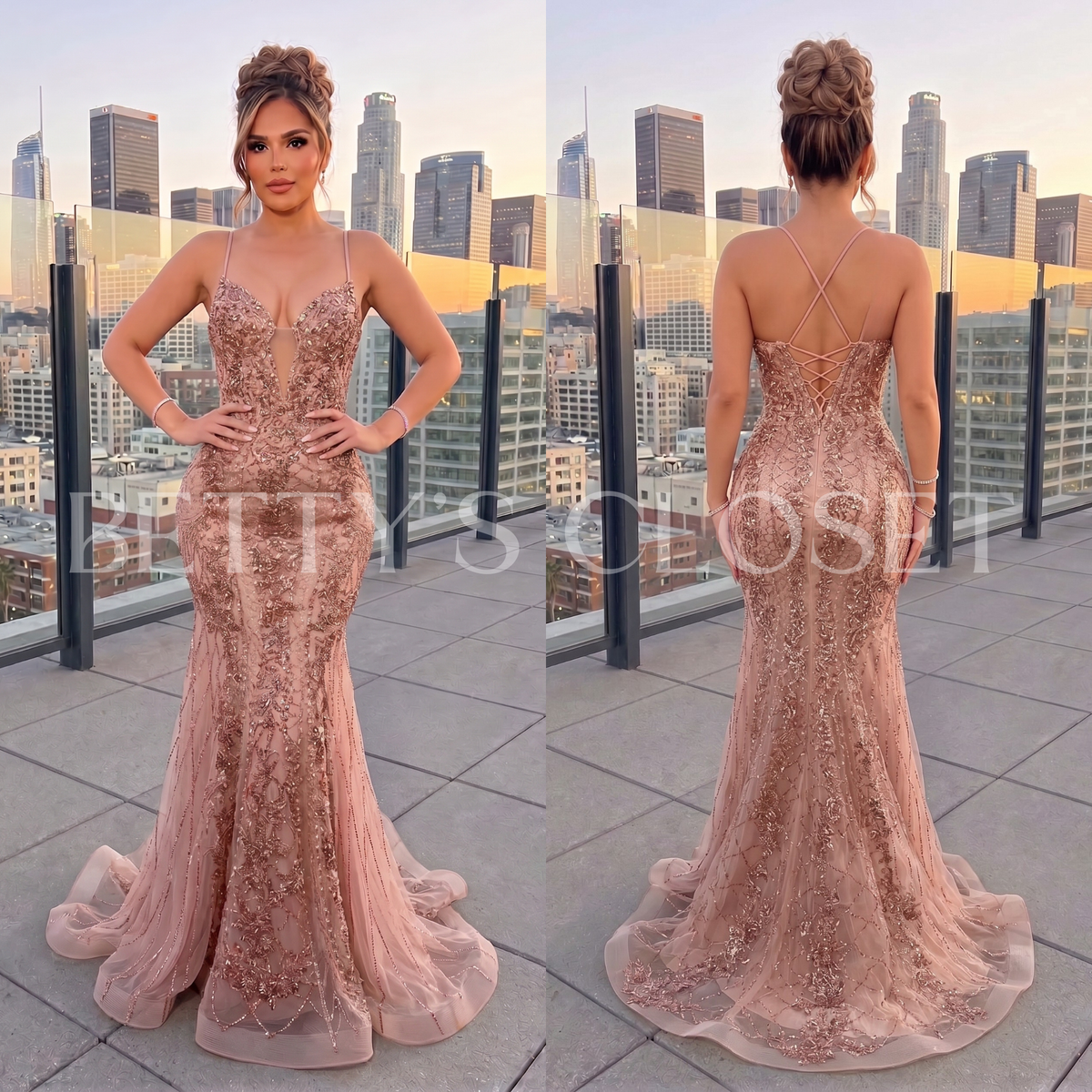 Valeria Spaghetti Strap Beaded Plunge Prom Gown