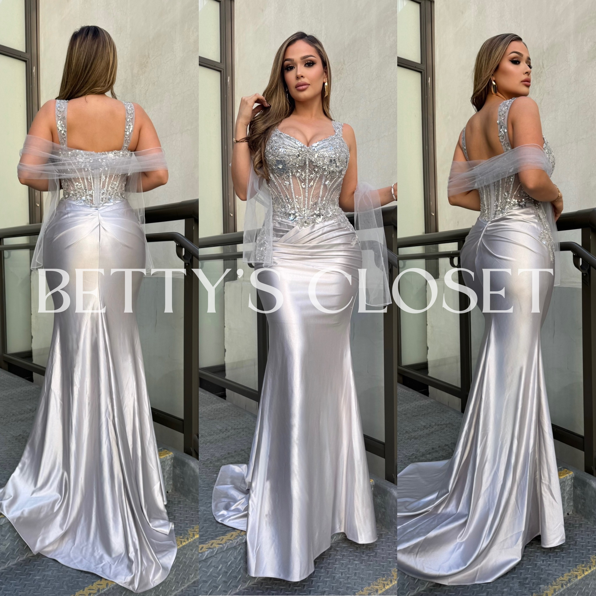 Sophia Off-Shoulder Beaded Satin Mermaid Glam Gown