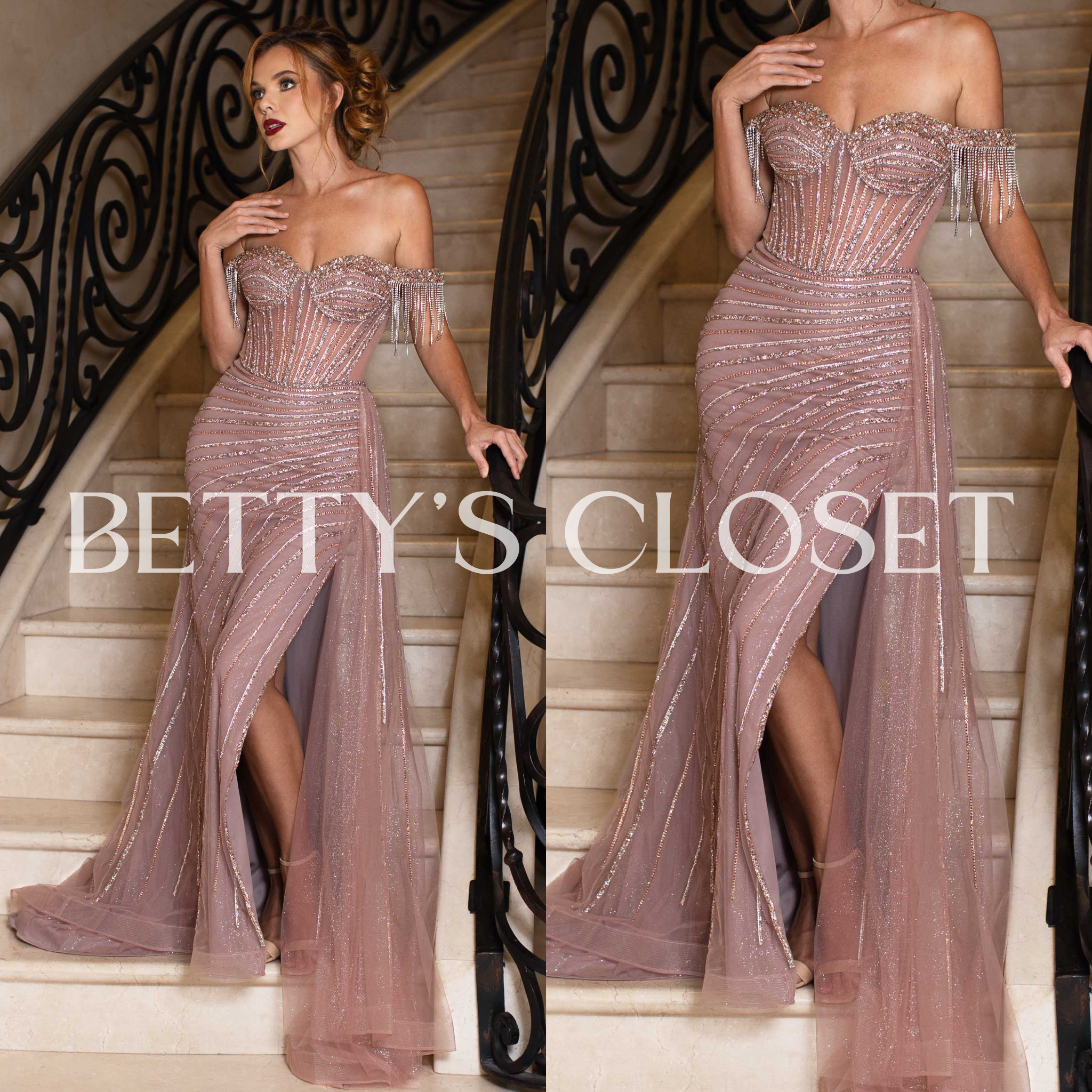 Leslie Glitter Embellished Off-Shoulder Long Prom Gown