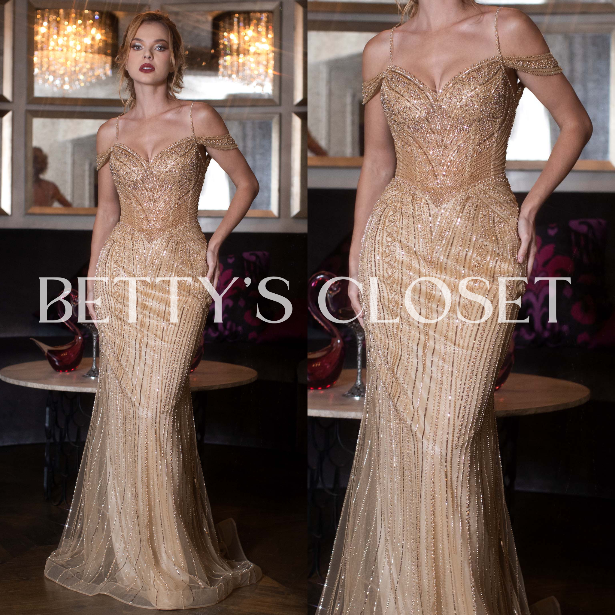 Mireya Off Beaded Mesh Sweetheart Long Gown