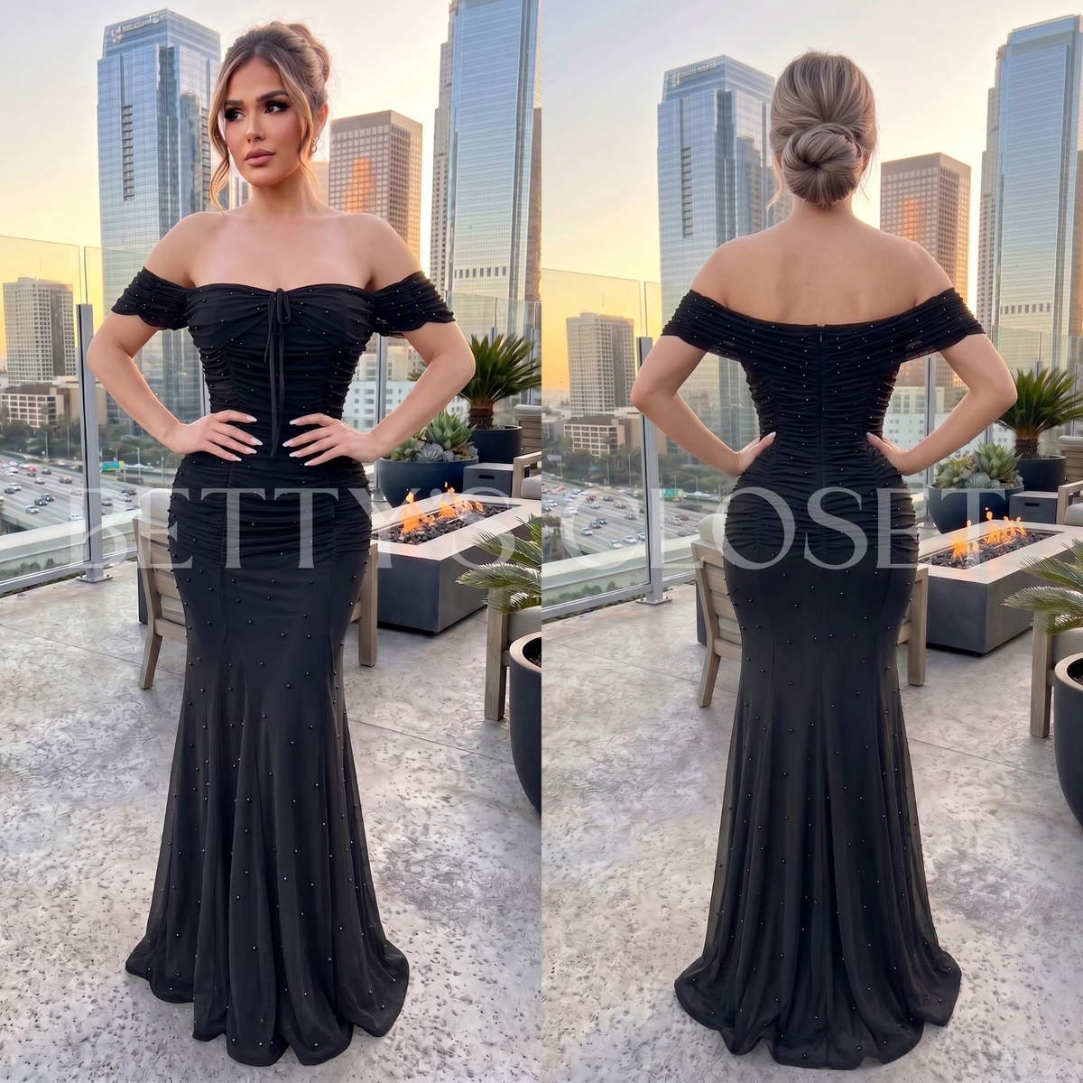 Desiree Off Shoulder Ruched Pearl Mesh Gown