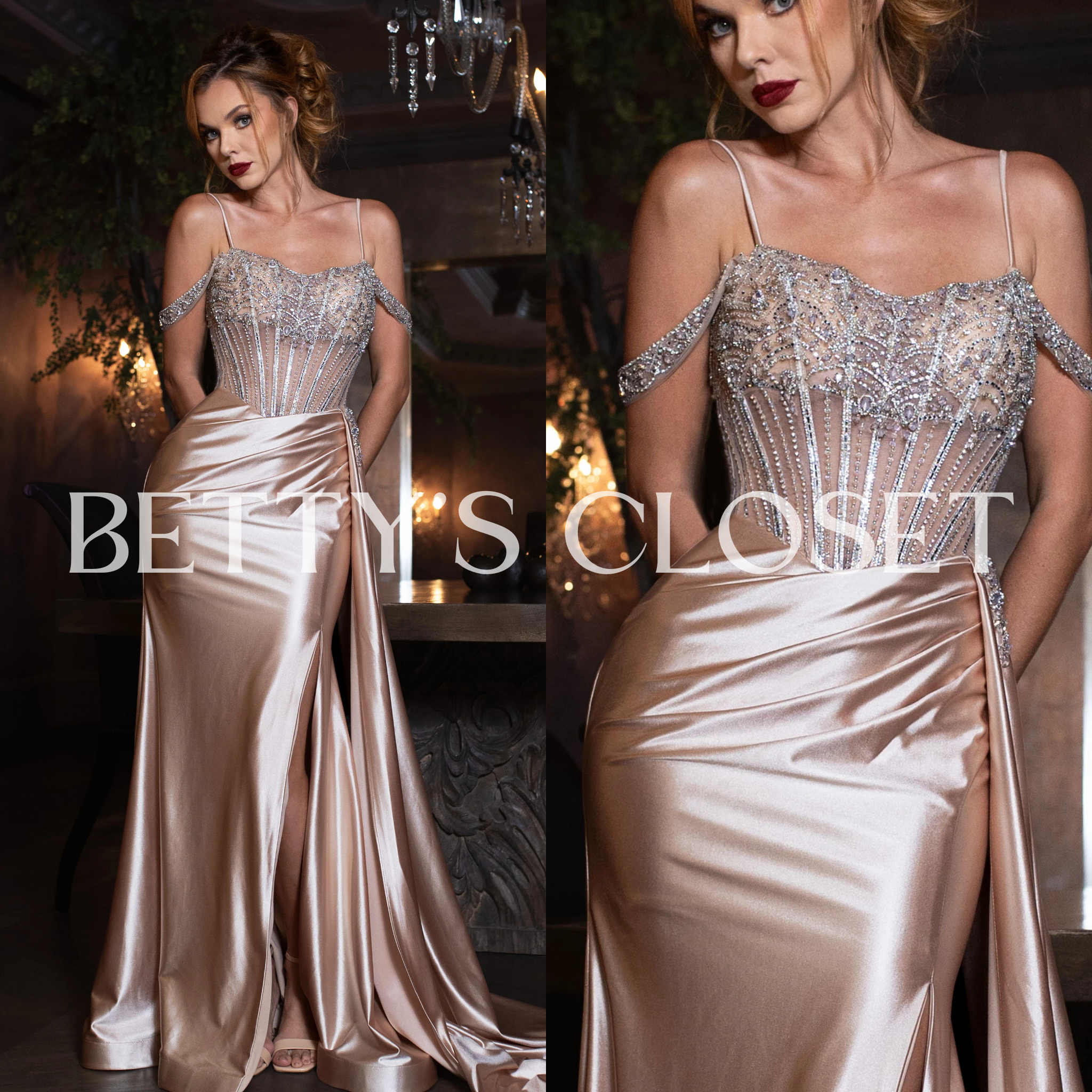 Regina Crystal Beaded Off-Shoulder Formal Prom Gown W/ Lace Up back