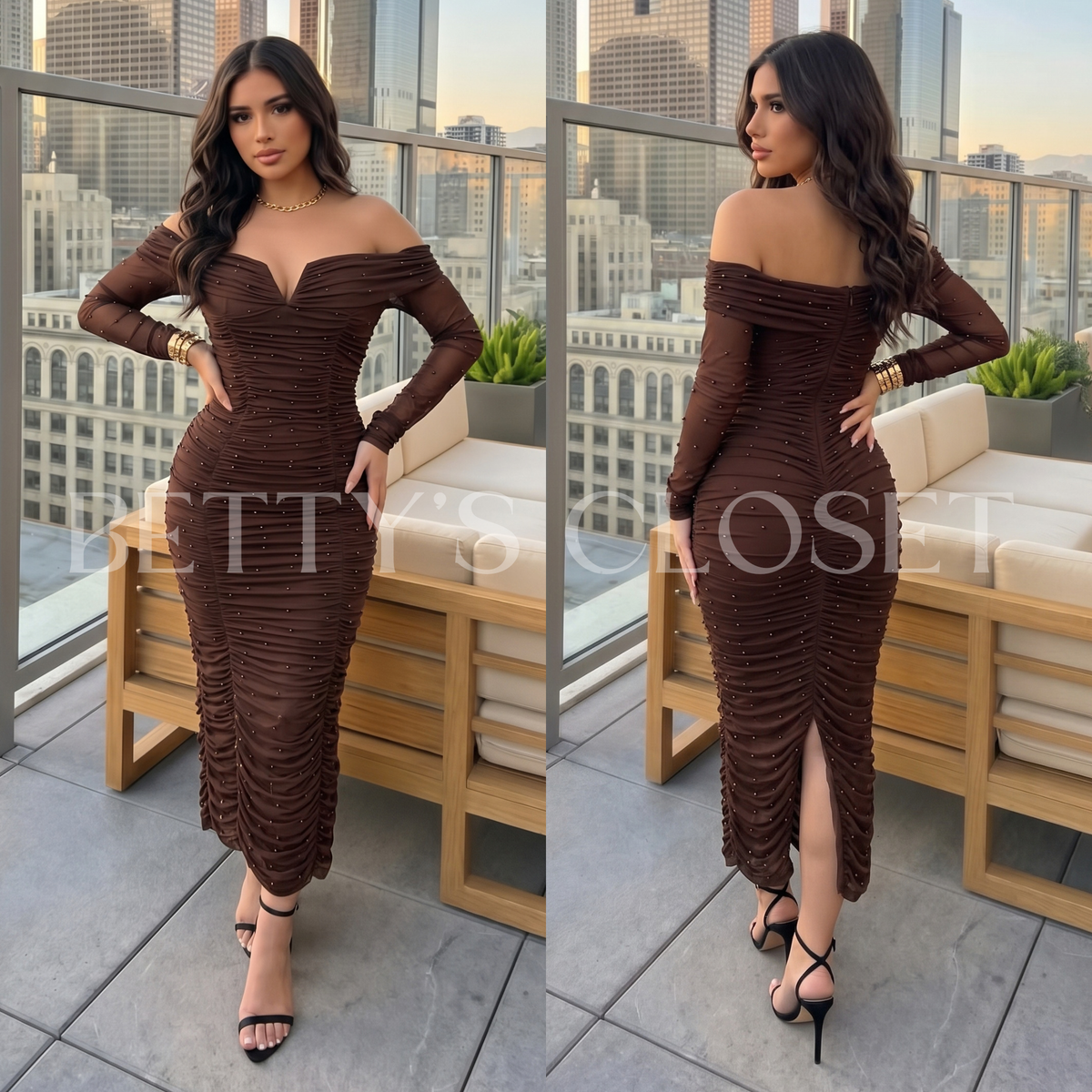 Graciela Pearl Off The Shoulder Long Sleeve Dress