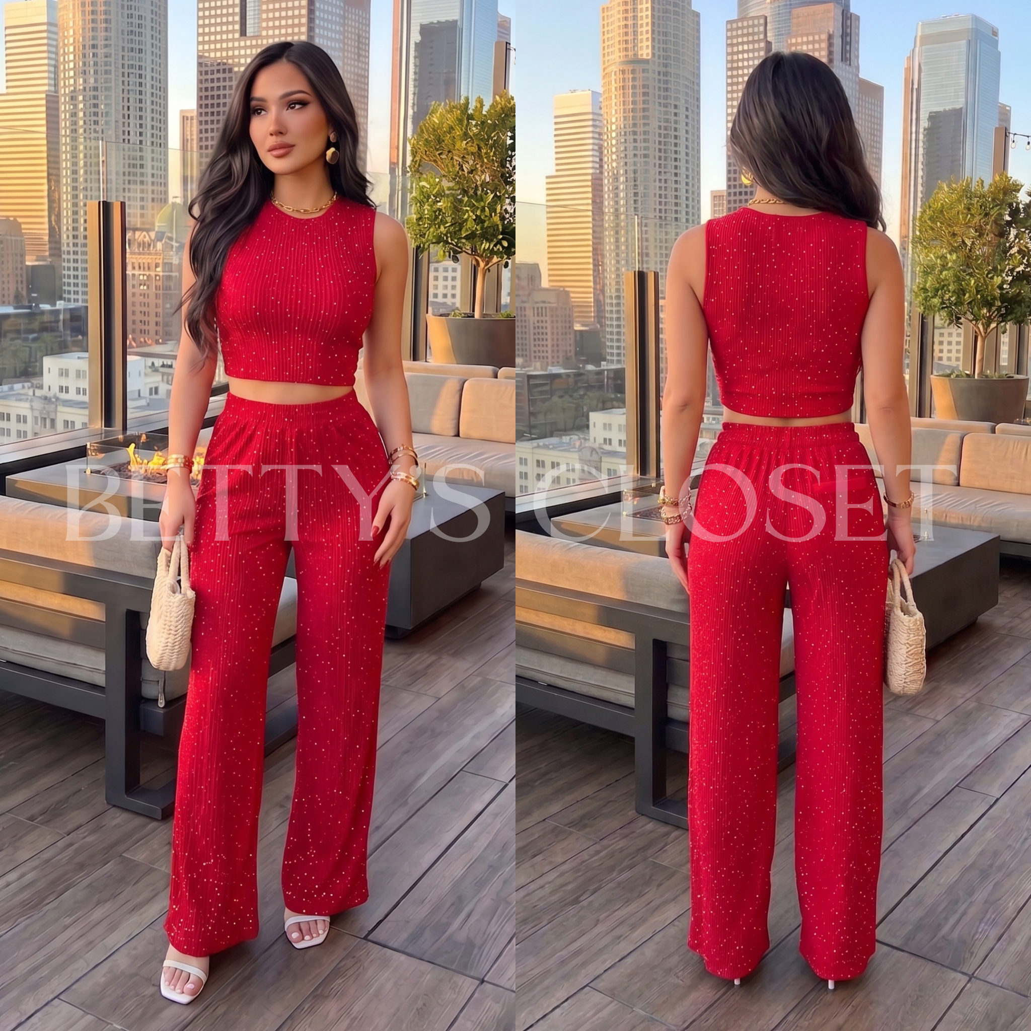Thalia Crinkle Rhinestone Pant Set