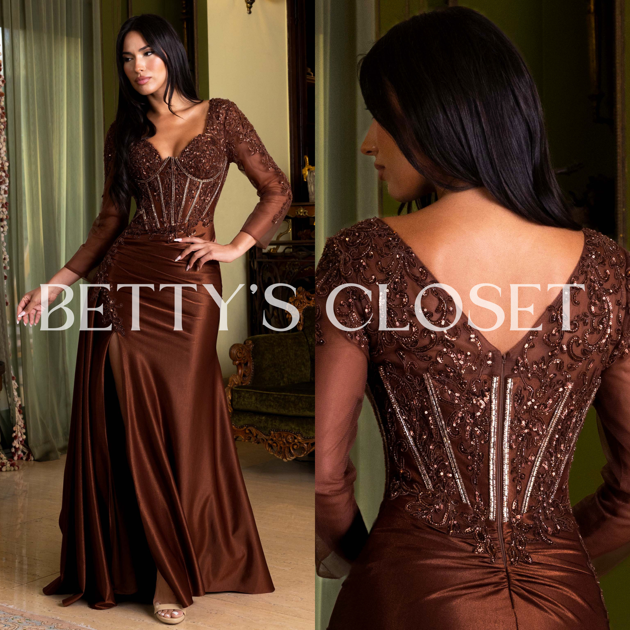 Gloria Embellished Corset Bodice W/ Sheer Long Sleeve Gown