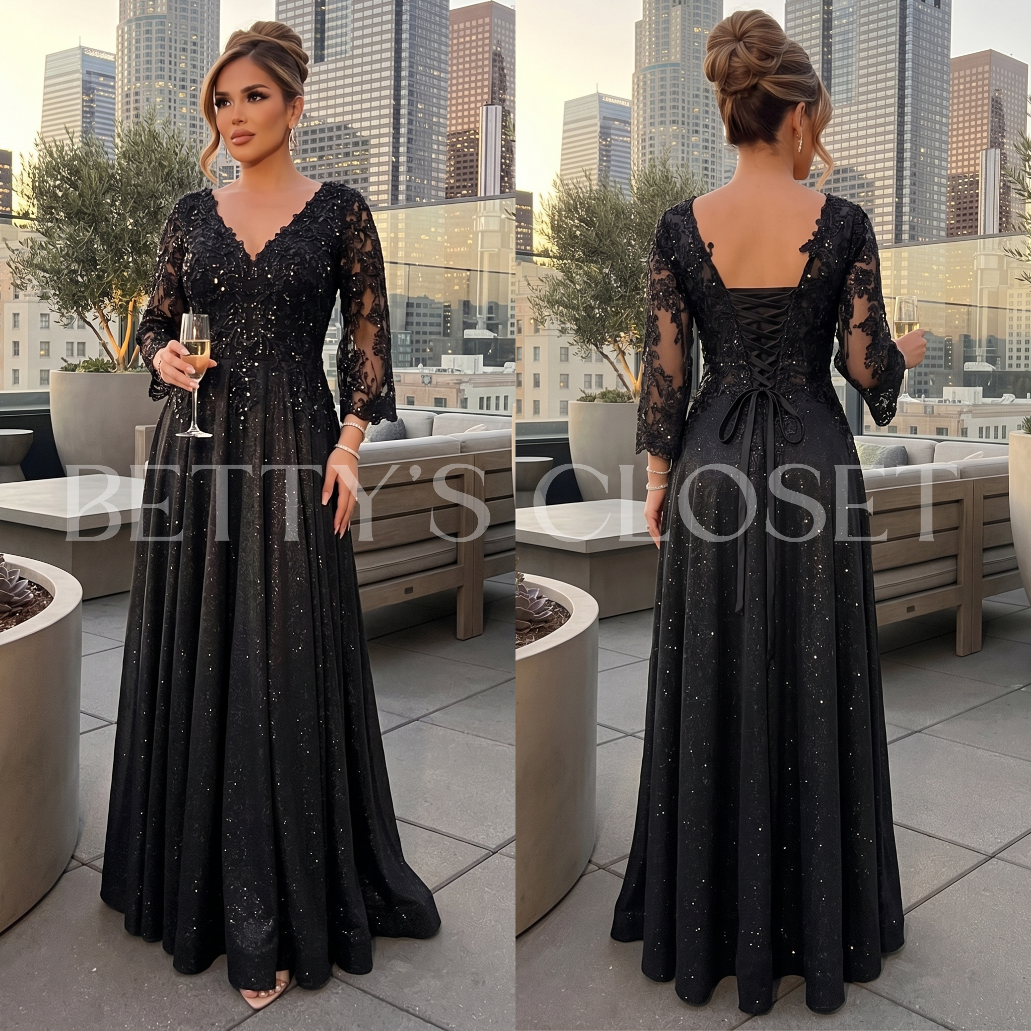 Yessenia Long Sleeve Lace Up Back A-Line Glitter Gown