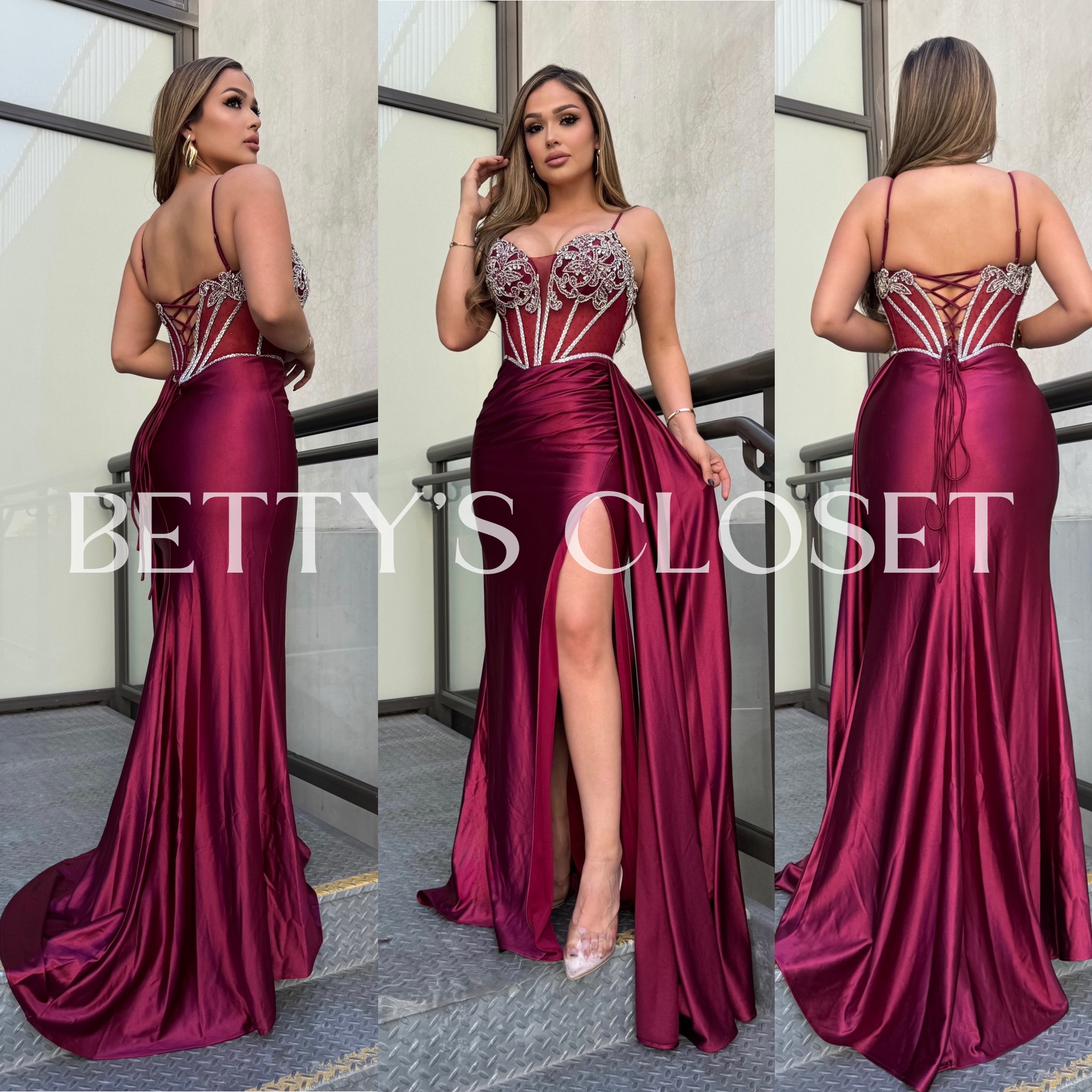 Santana Beaded Corset Bodice Satin Gown
