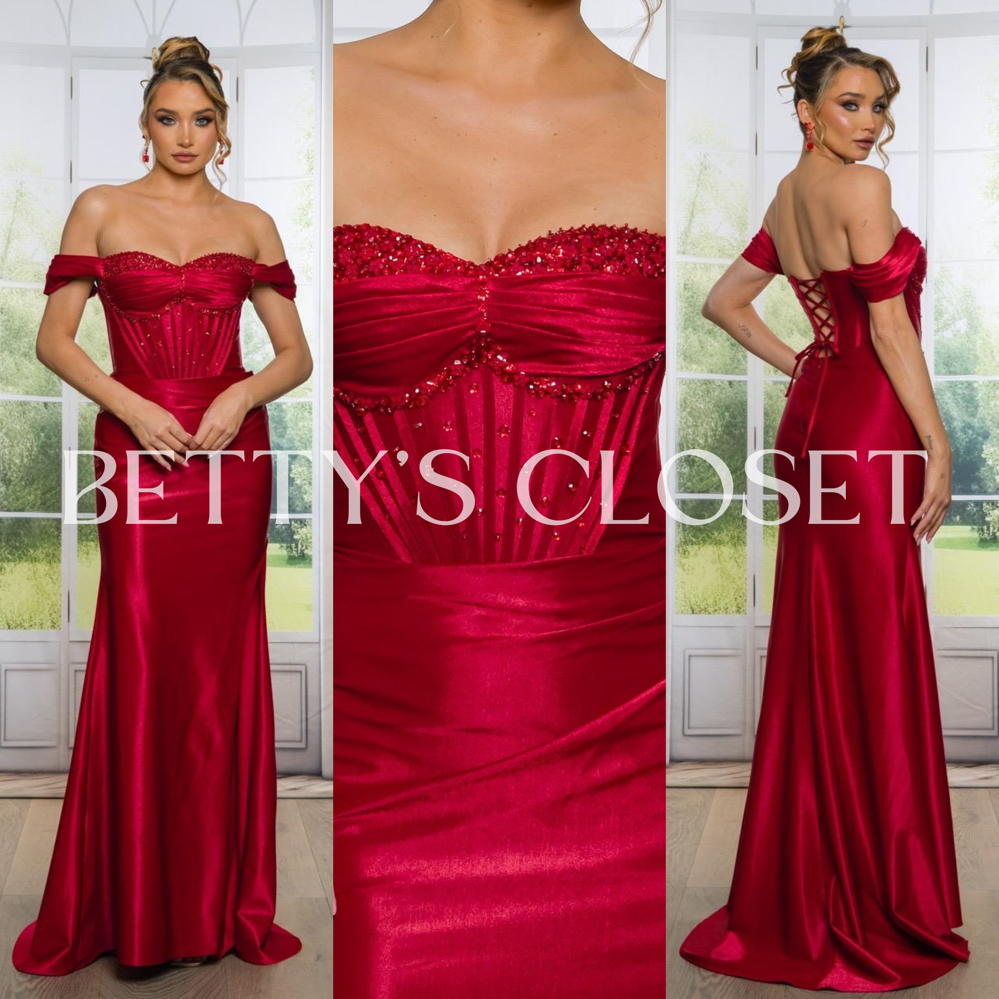 Aurora Flower Embellished Corset Satin Off Shoulder Gown