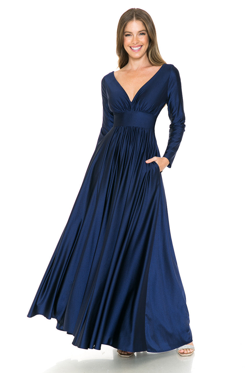 Marissa Long Sleeve V-Neck Waisted Ruched Top Ruched Flare Shiny Pocketed Formal Gown