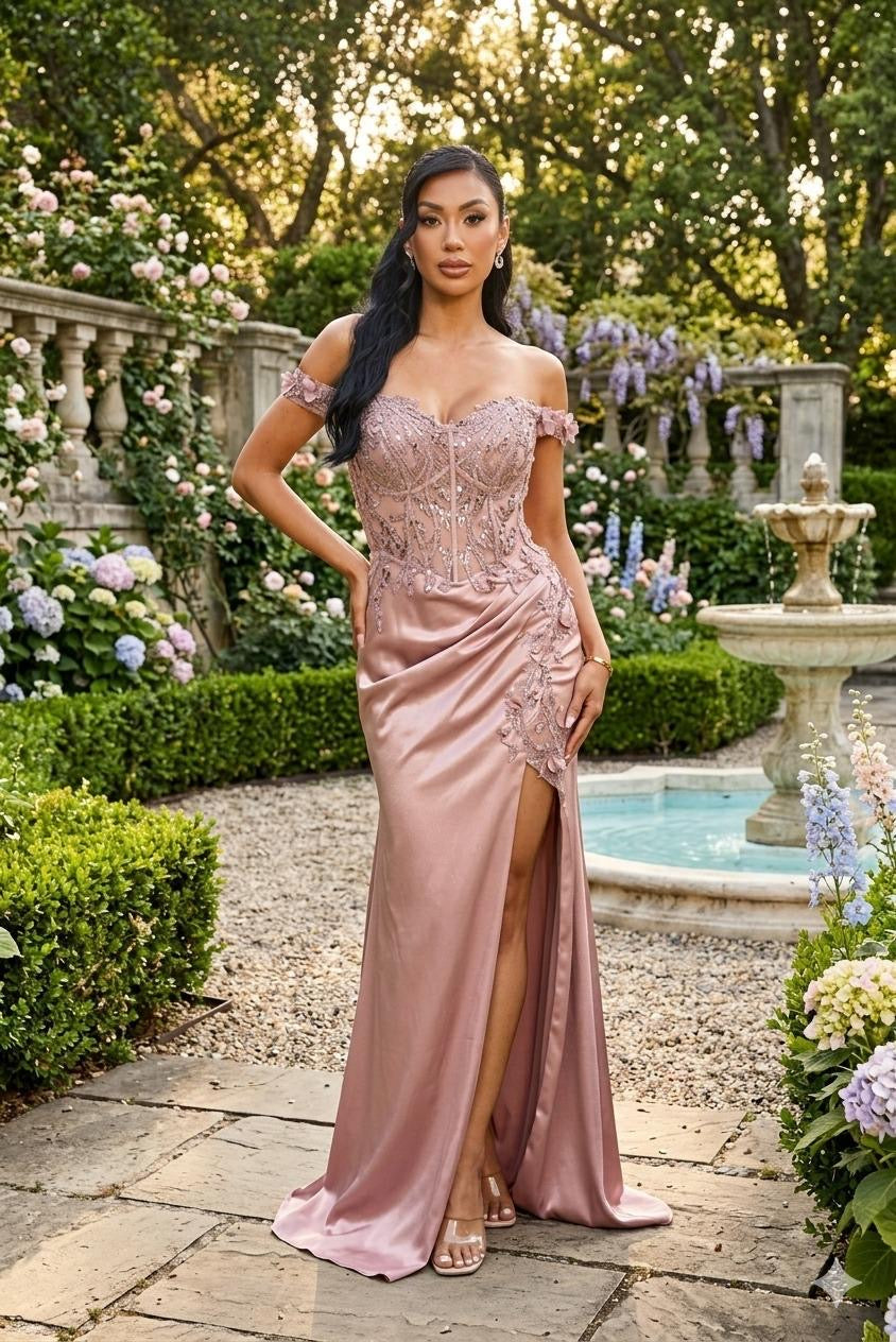 Reyna Off-shoulder Beaded Mermaid Satin Glam Gown
