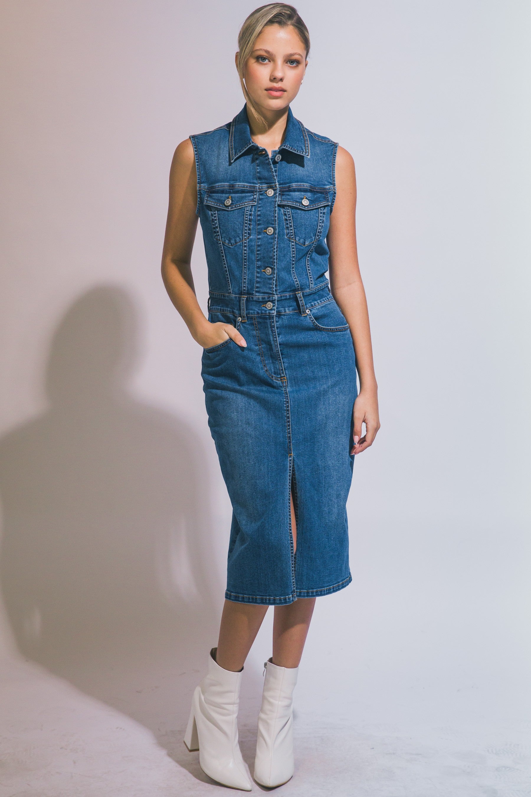 Camila Sleeveless Denim Utility Midi Dress